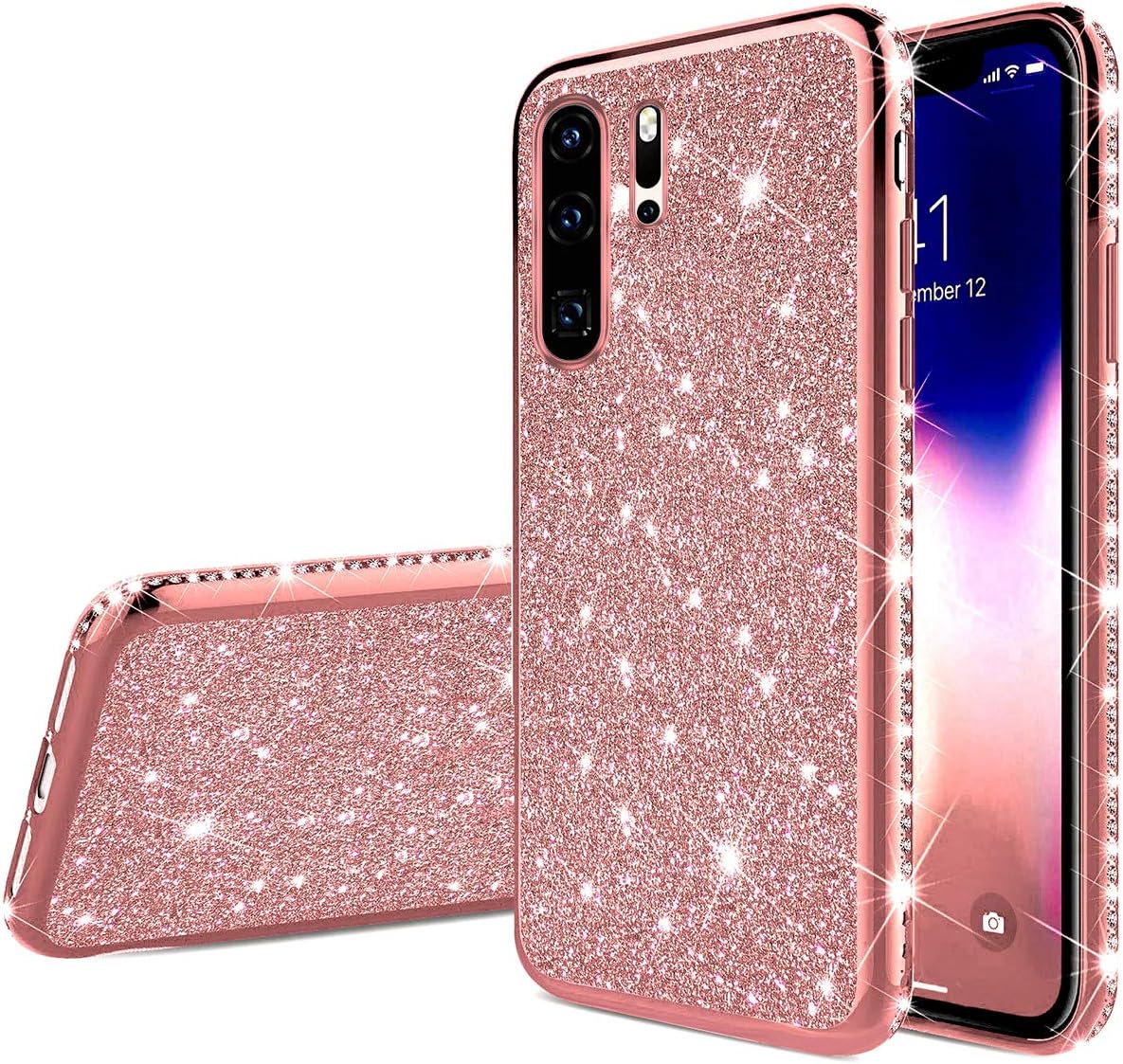 PHEZEN Case for Huawei P30 Pro Glitter Case,Girl Women Bling Glitter Sparkle Crystal Diamond Rhinestone Bumper TPU Rubber Silicone Cover Protective Phone Case for Huawei P30 Pro,Rose Gold