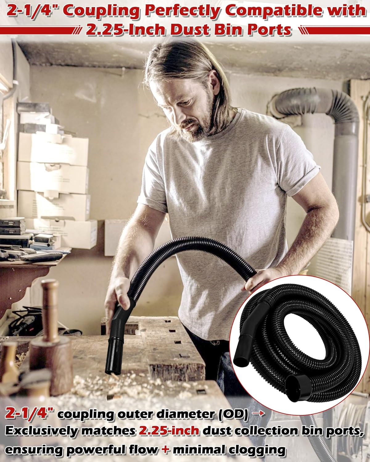 IWIWE 10FT Vacuum Hose Replacement - 2-1/4" Cuff × 1-1/4" Dia - Compatible with Shop-Vac, Craftsman 17761/17967/17965, Ridgid WD650/WD0950/WD06350 Wet Dry Vacs–Upgraded: Better Seal, Higher Durability