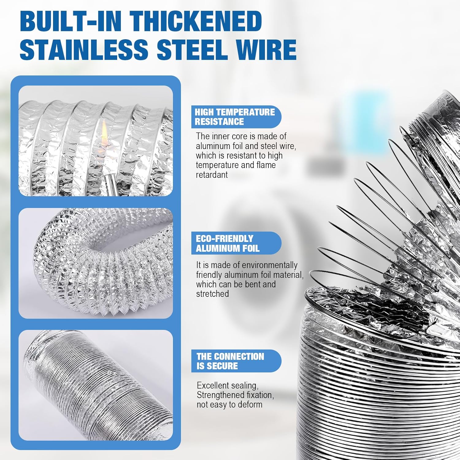 Silver Dryer Vent Hose for Tight Space Includes 2 90-degree Dryer Vent Elbow and 1 Dryer Vents Duct, Flexible Dryer Hose Vent Kit-Space Saving, Indoor Dryers Vents Connector, Easy installation