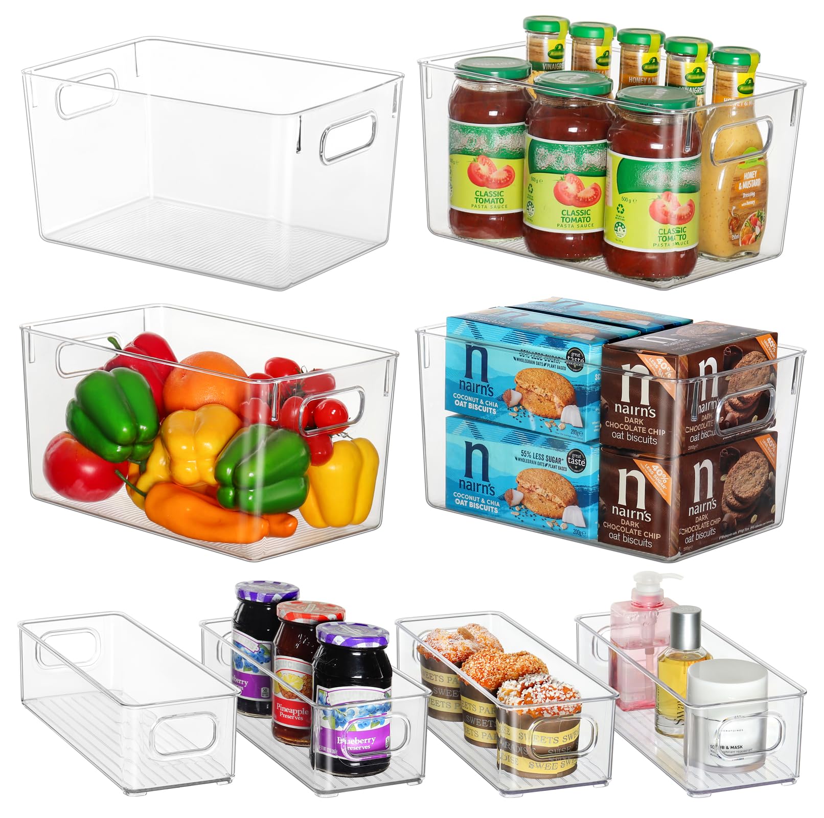 Qilinba Clear Storage Bins 8 Pack for Fridge,4 Large Plastic Pantry Organizer Bins and 4 Small Stackable Storage Containers for Home Edit, Kitchen, Freezer, Bathroom, Under Bed, Vanity Drawers