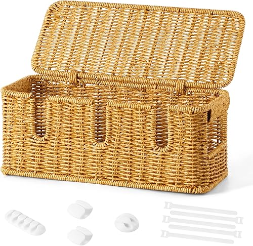 Caja de organización de cables hecha a mano, organizador de cables de ratán de imitación con tapa, 3 ranuras abiertas adicionales para cables de TV,