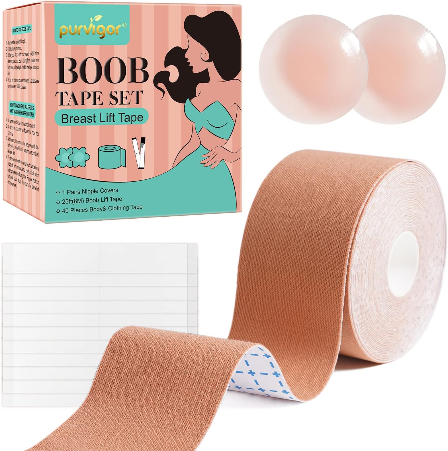 Boob Tape Breast Lift Tape Adhesive Bra for A-E Cup with 1 Pairs Reusable Silicone Nipple Covers and 40Pcs Double Sided Body & Clothing Tape Beige