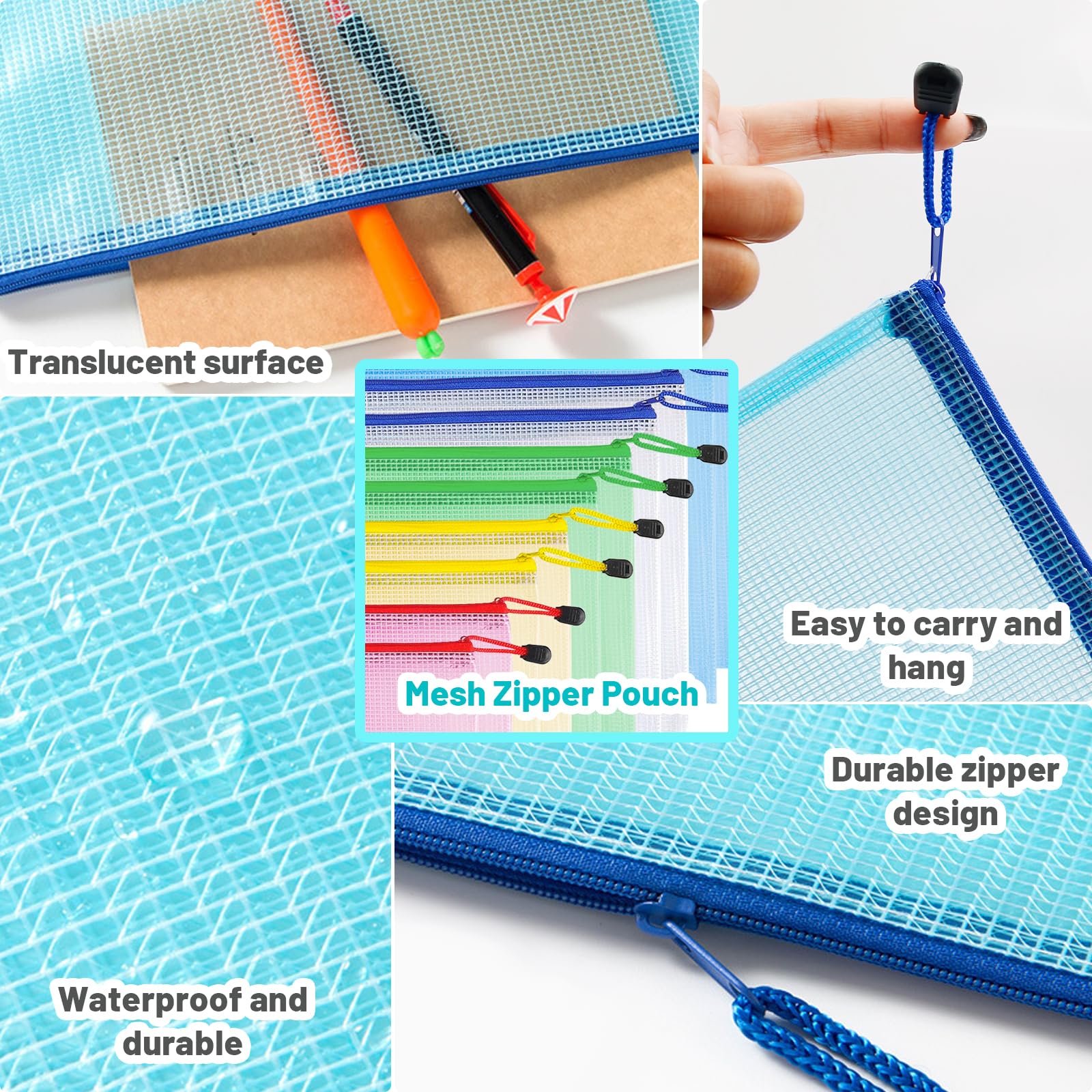 10 Piezas Bolsa de Archivo de Cremallera, Bolsa de Archivo con Cremallera Impermeable para Documentos, Transparente Carpetas de Documentos de Malla para Viajes, Escuela, Oficina, 5 Colores