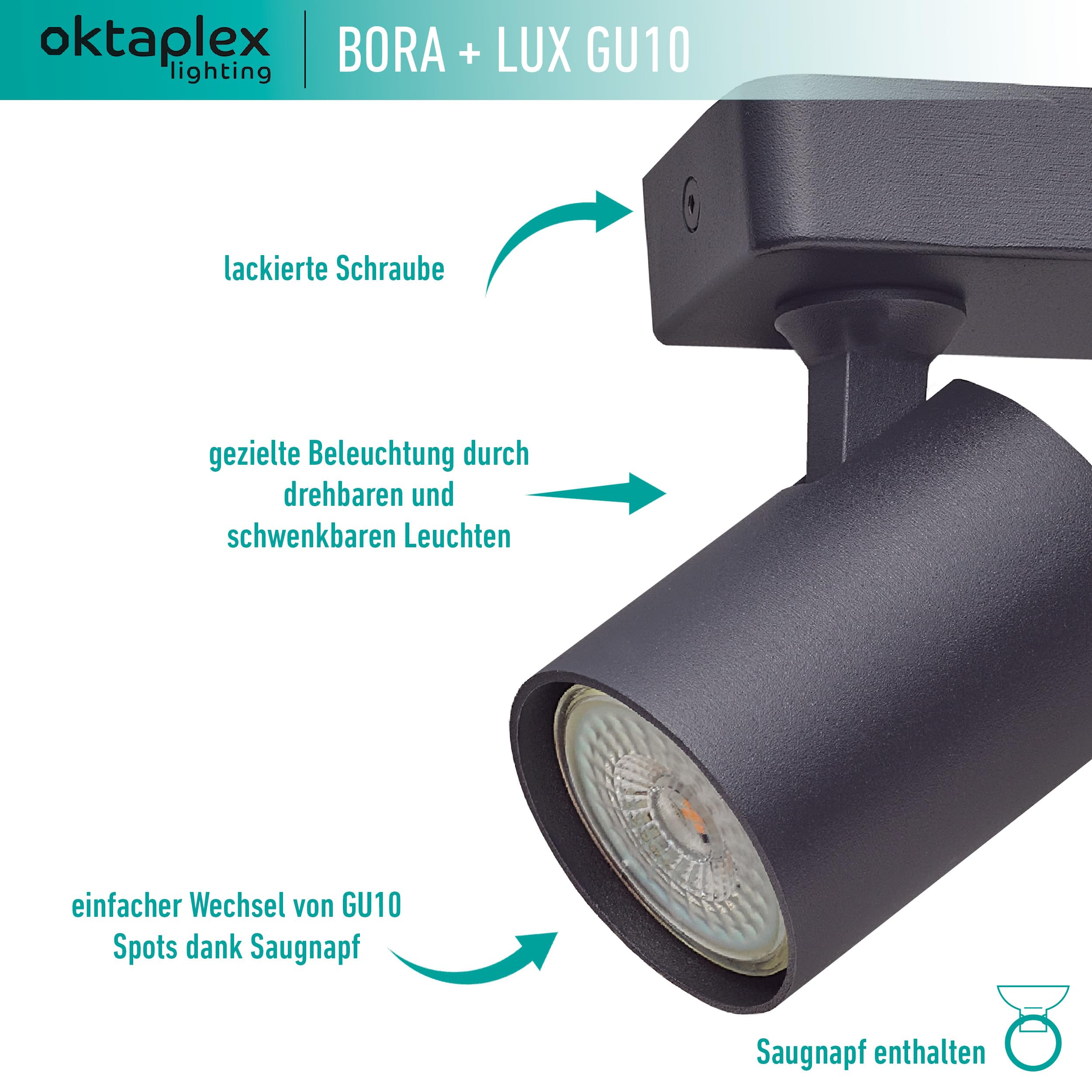 Oktaplex Bora Deckenstrahler 3-flammig schwarz inkl. Leuchtmittel | 3-Stufen dimmbar GU10 400lm 2700K warmweiß 4,8W 230V - Spotbalken