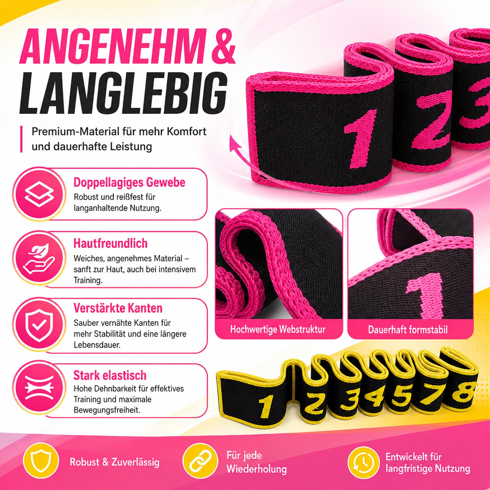 2 Pezzi Fascia Elastica per Yoga, Fasce Elastiche di Resistenza, Bande di Allenamento per Ginnastica, Fascia Esercizio Regolabile con Più Anelli, per Fitness, Danza, Ginnastica (Rosa+Giallo)