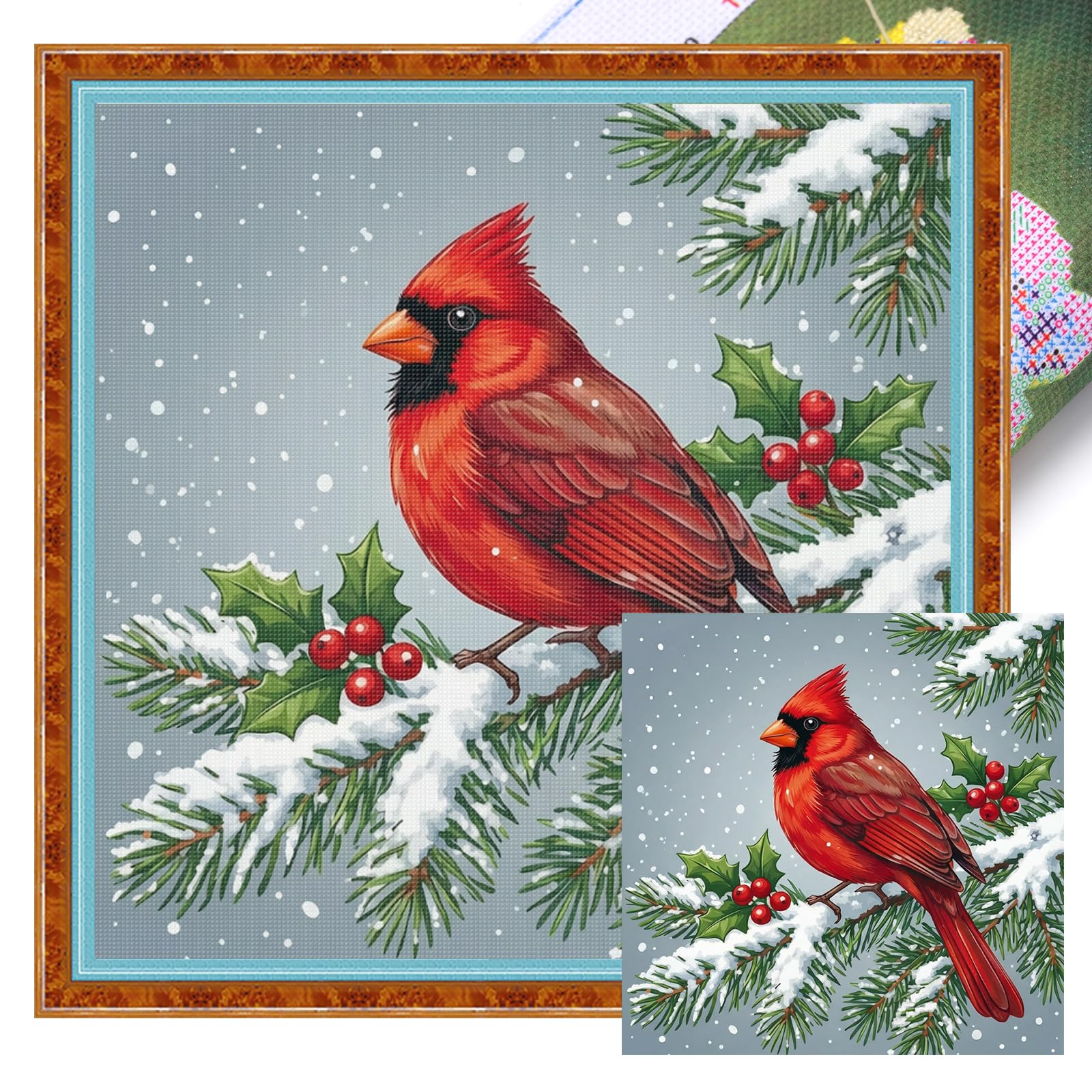 POETRYDRAW Winter Red Bird Full 14CT 2 Strands DIY Stamped Needlework Embroidery Kit 15.75x15.75inch Cross Stitch Art and Crafts Kits for Beginners Adults Home Decor