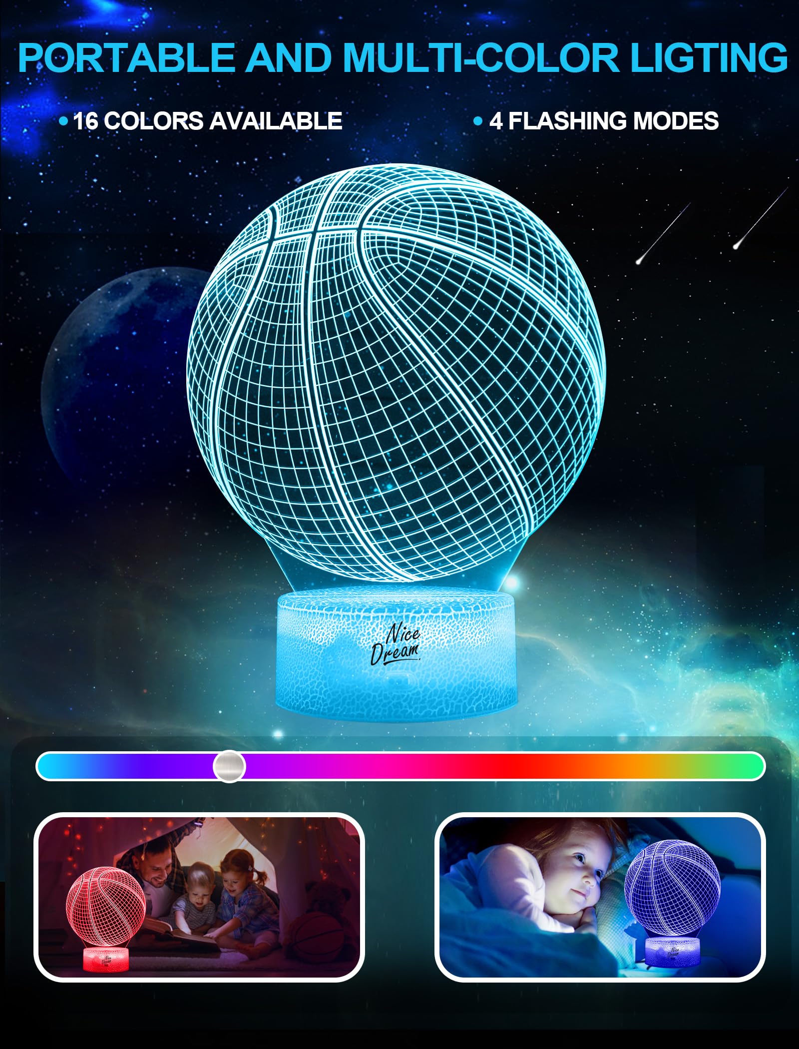 Nice Dream Luce Notturna da Basket per Bambini, Lampada da Illusione 3D Luce LED, Telecomando 16 Cambia Colore Dimmerabile, Regali di Natale per Ragazze Ragazzi Soggiorno Arredamento Camera da Letto