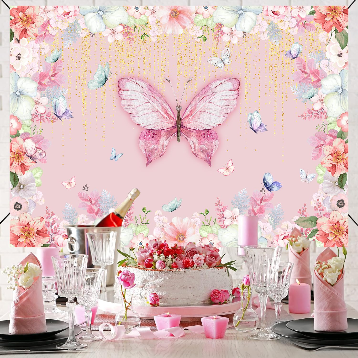 Floral Birthday Backdrop Banner For Girls Spring Butterfly Happy Birthday  Photography Background Pink Flower Blossom Plant, image size:1500x1500