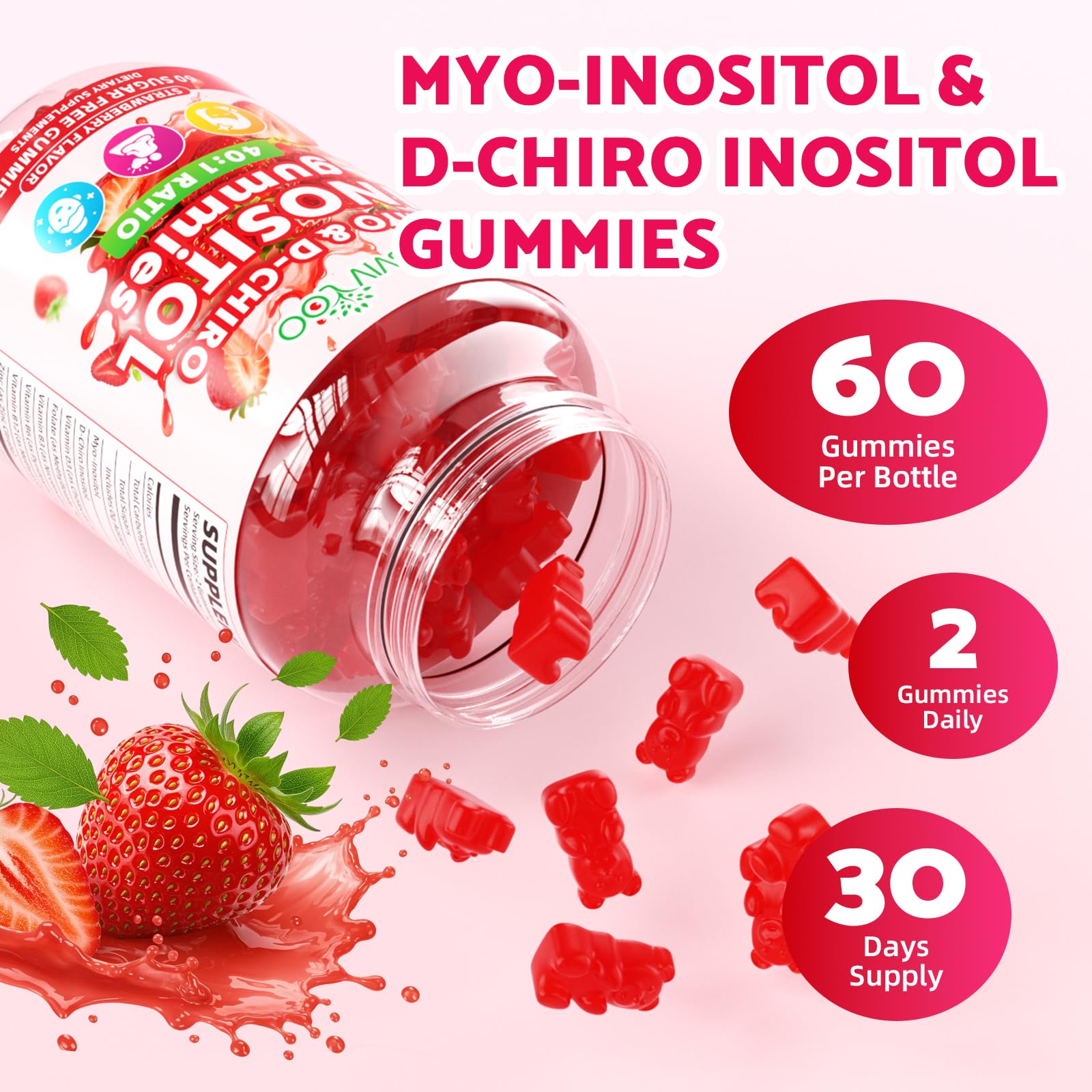 Myo-Inositol & D-Chiro-Inositol Gummies with Vitamin D3, Magnesium Glycinate, Folate & Zinc, Inositol Supplement for Female Health, Sugar Free, Strawberry Flavor, 60 Count — Amazon image 6