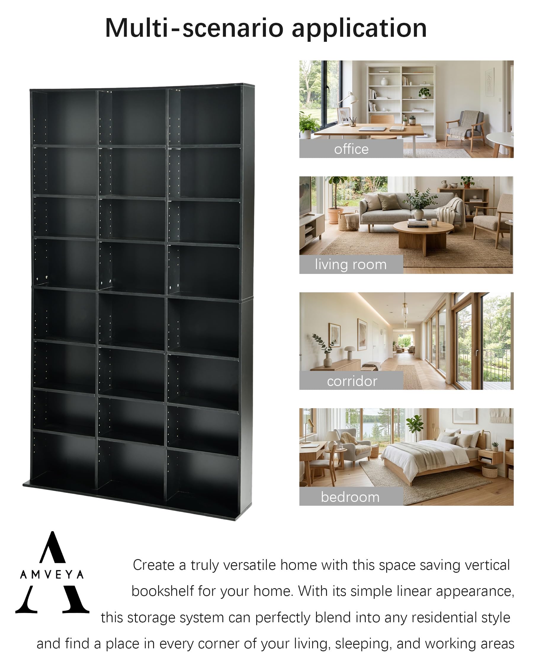 Bibliothèque étagère CD avec 22 compartiments – rangement DVD, étagères réglables, anti-basculement, MDF noir – pour CD, DVD, livres – meuble de rangement
