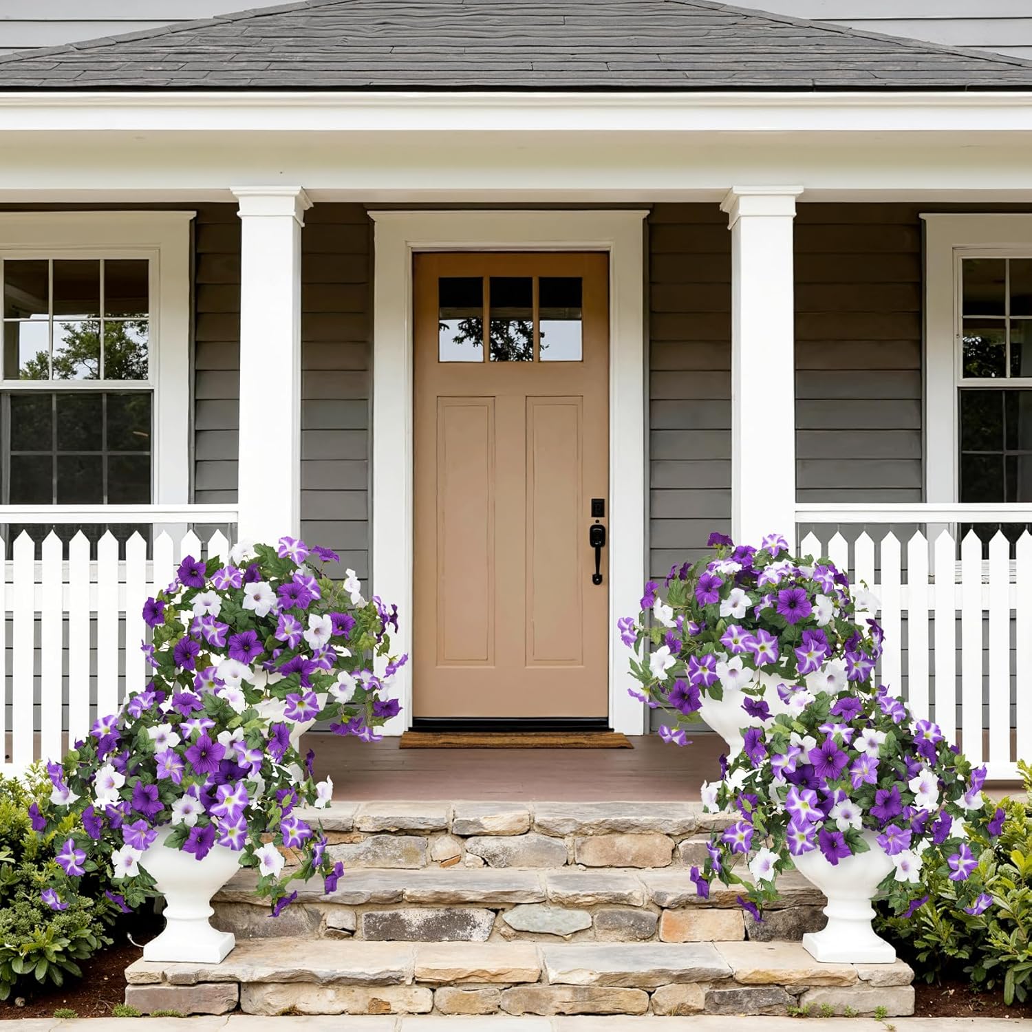 Artificial Flowers for Outdoors, 2 Pcs Realistic Fake Flowers UV Resistant Silk Morning Glory Petunias Faux Plants for Outdoor Planters Window Box Balcony Yard Porch Outside Garden Home Decoration