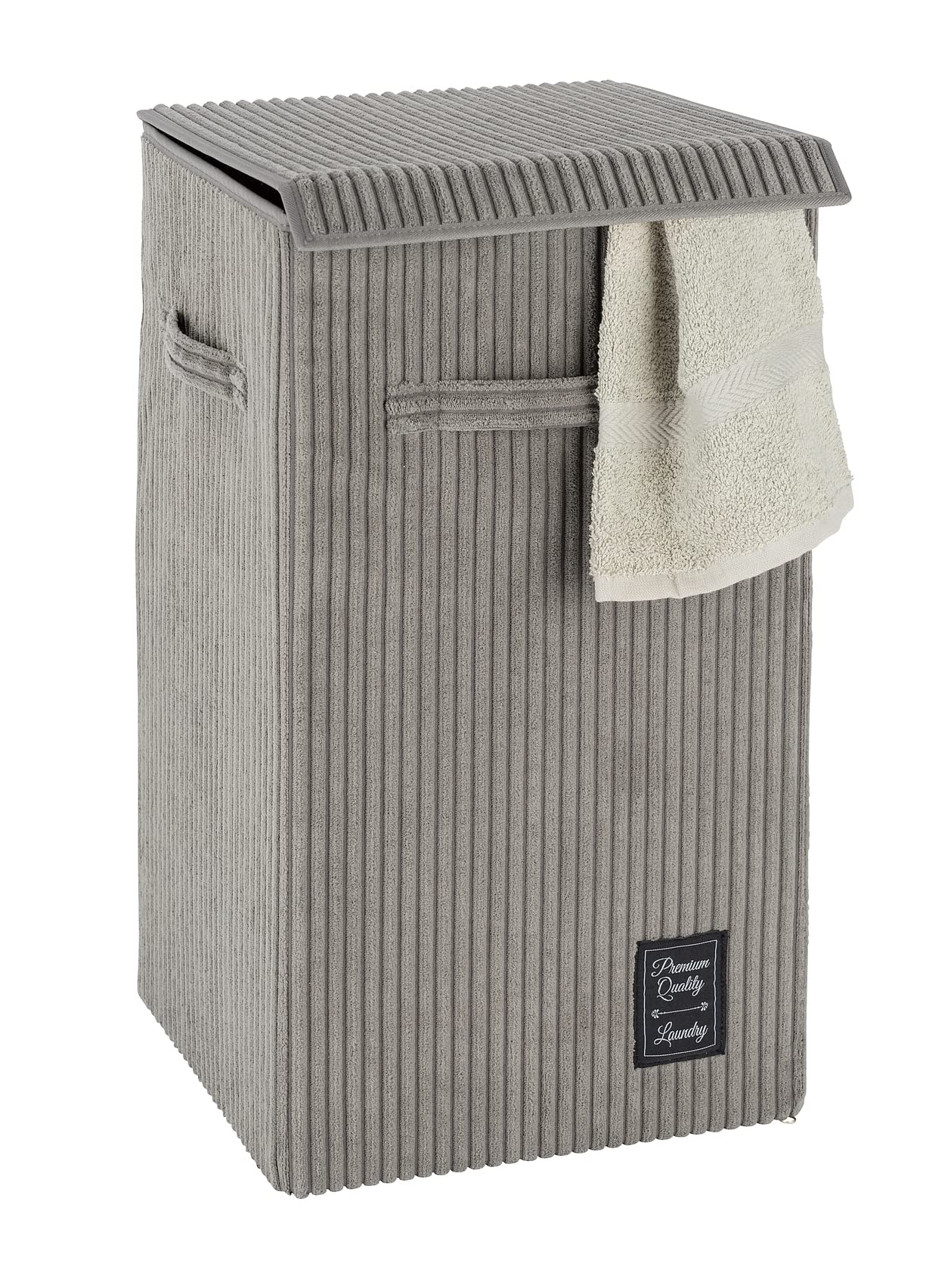 WENKO Wäschesammler Cora Grau, moderner Wäschekorb aus Flauschigen Cord, mit Klettverschluss-Deckel und 3 Tragegriffen, 63 Liter Fassungsvermögen, 33 x 58 x 33 cm, 100% Polyester