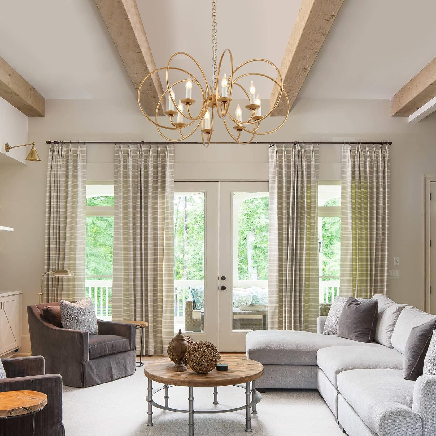 Modern Chandelier, Antique Brass Brush Paint Finish Geometric Shade with 8 Gold Rings Pendant Lighting Fixture for Dining Room Living Room Kitchen Island Bedroom 8-Light