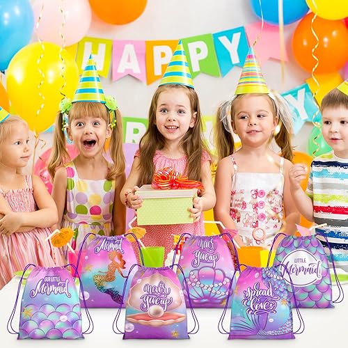 Miniatura 6 de Paquete de 12 bolsas con cordón para fiesta de sirena, para cumpleaños de niños, niñas, con cordón, mochila como bolsa de botín y regalos para