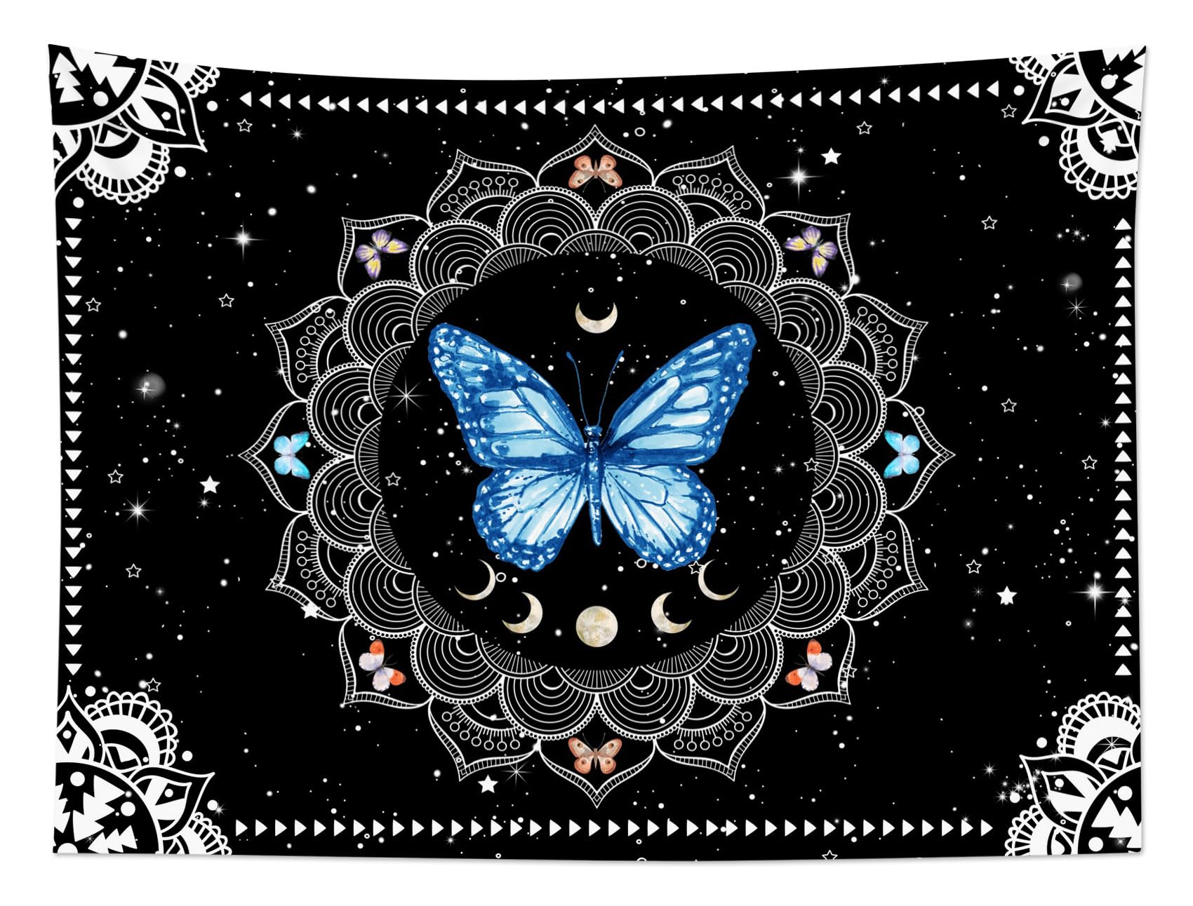 LB Butterfly Mandala Wall Tapestry Blue Butterfly Black and White Mandala