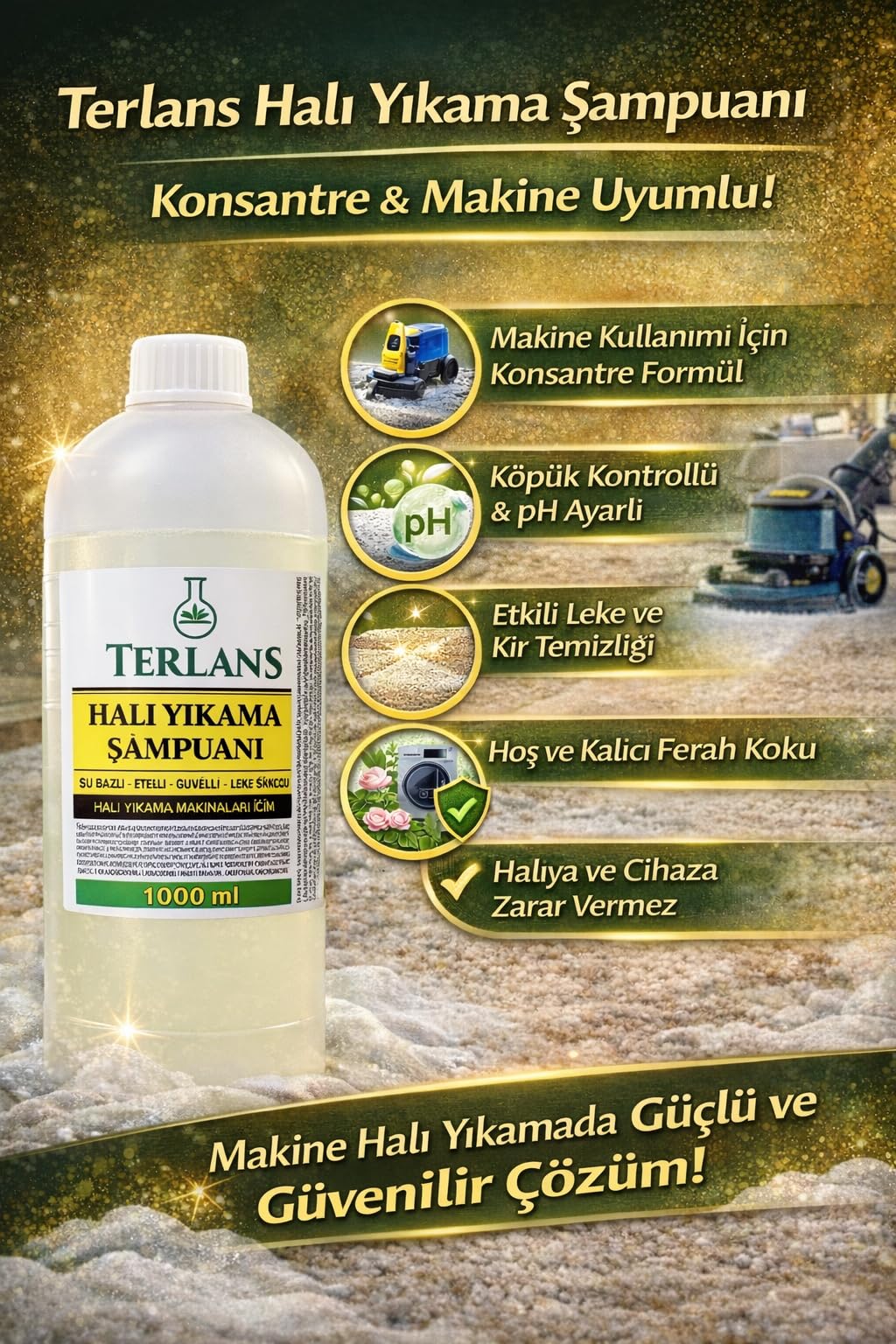Terlans Parfümlü Halı Yıkama Şampuanı, 1000 ml Makine İçin Köpük ve pH Ayarlı Konsantre Şampuan