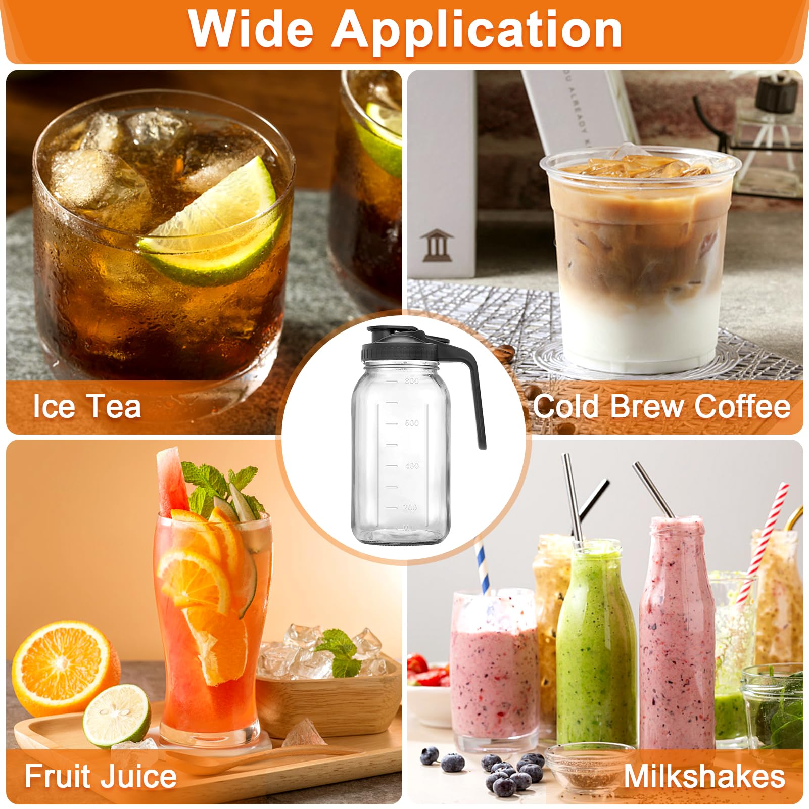 Jarra de vidrio de 32 onzas con boquilla de vertido y asa, jarra de boca ancha a prueba de fugas para café frío, té helado, jugo, limonada, té solar, bebidas de frutas, tapa hermética para