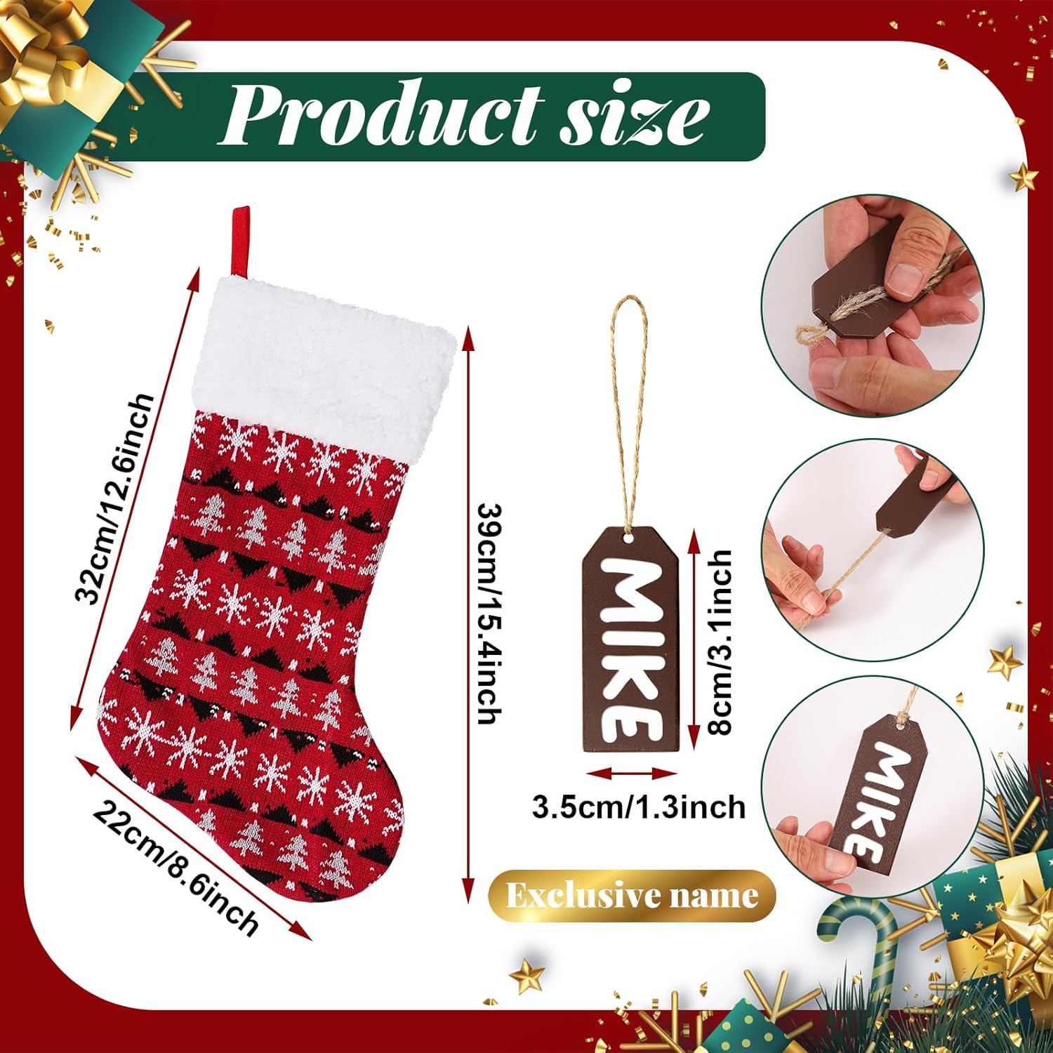 bolukets Personalized Christmas Stockings, Large Kids Christmas Stocking Bags Hanging Socks with Name Tags for Christmas Decorations (Knitted Snowflakes 5 Pack)