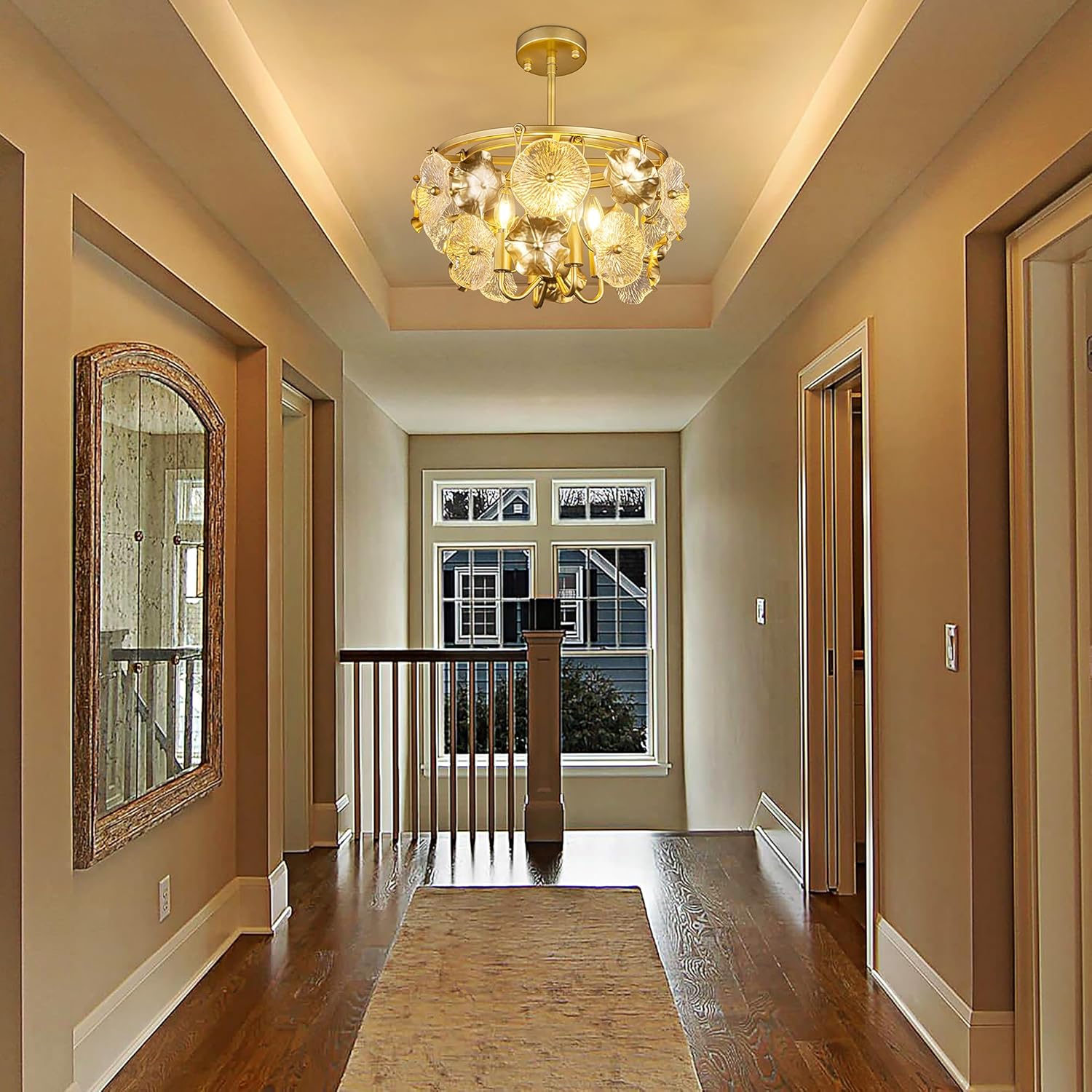 TOCHIC Modern Semi Flush Mount Ceiling Light, 4 Lights Gold Lotus Leaf Glass Close to Ceiling Light, 17.7" Vintage Farmhouse Chandelier for Hallway, Entryway, Foyer, Living Room, Bedroom