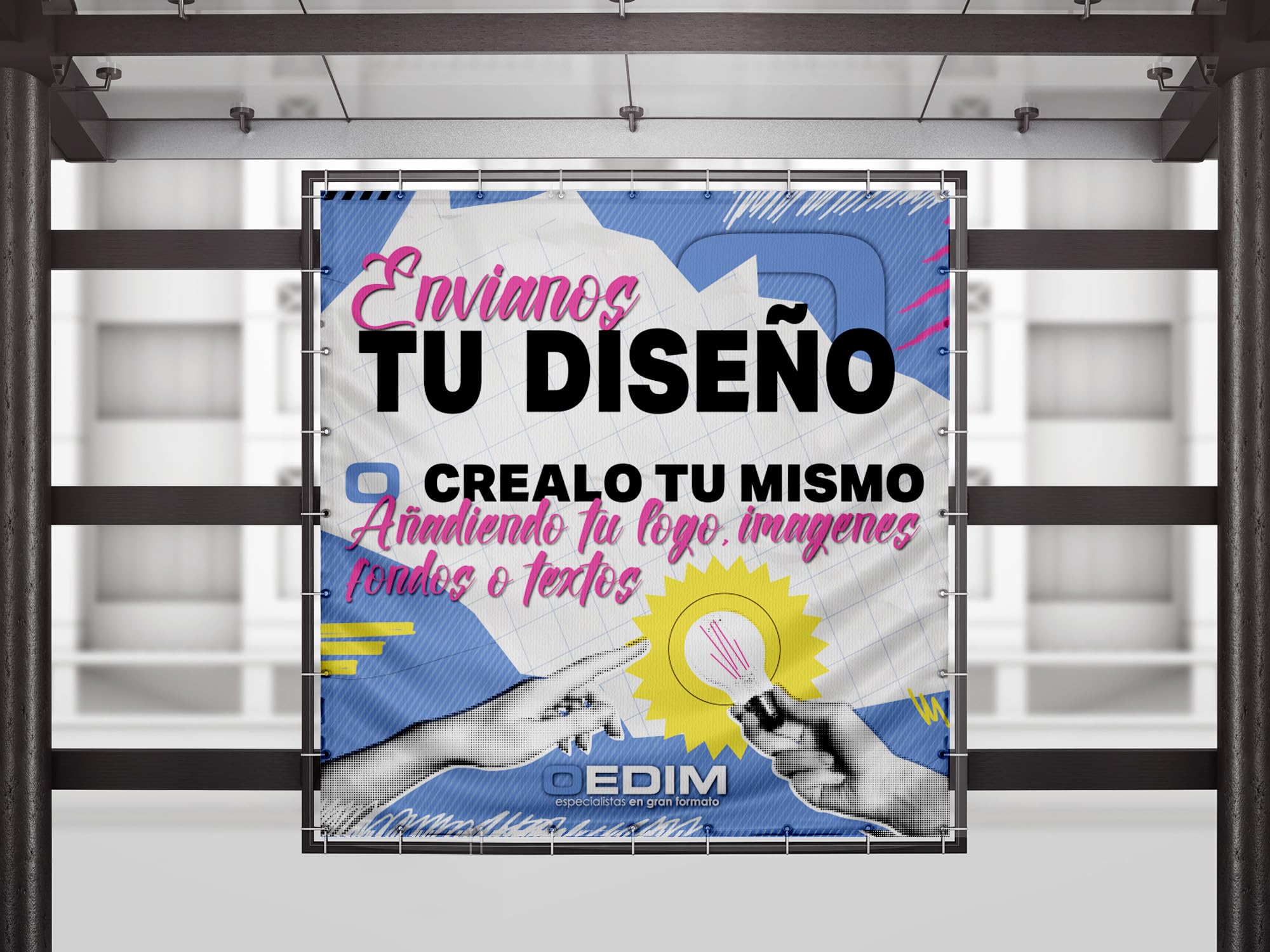 Oedim Lona Publicitaria Personalizada, Pancarta Ideal para Publicidad, 100x100cm, Fabricada en Lona Microperforada 350gr, Incluye Ojales, Resistente al Agua y Al Sol