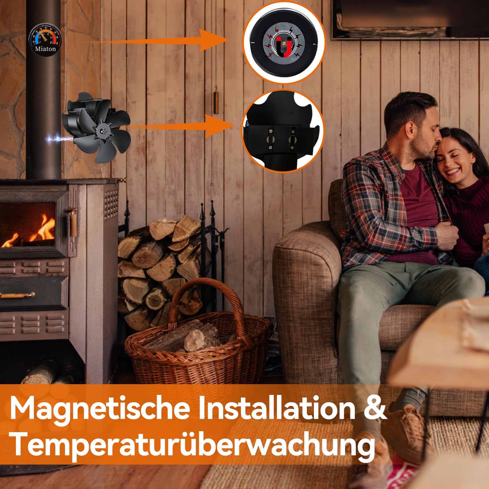 Ventilateur Poele à Bois Magnétique 6 Lames | Ventilateur de Poêle à Granulés et Cheminée avec Moniteur de Température