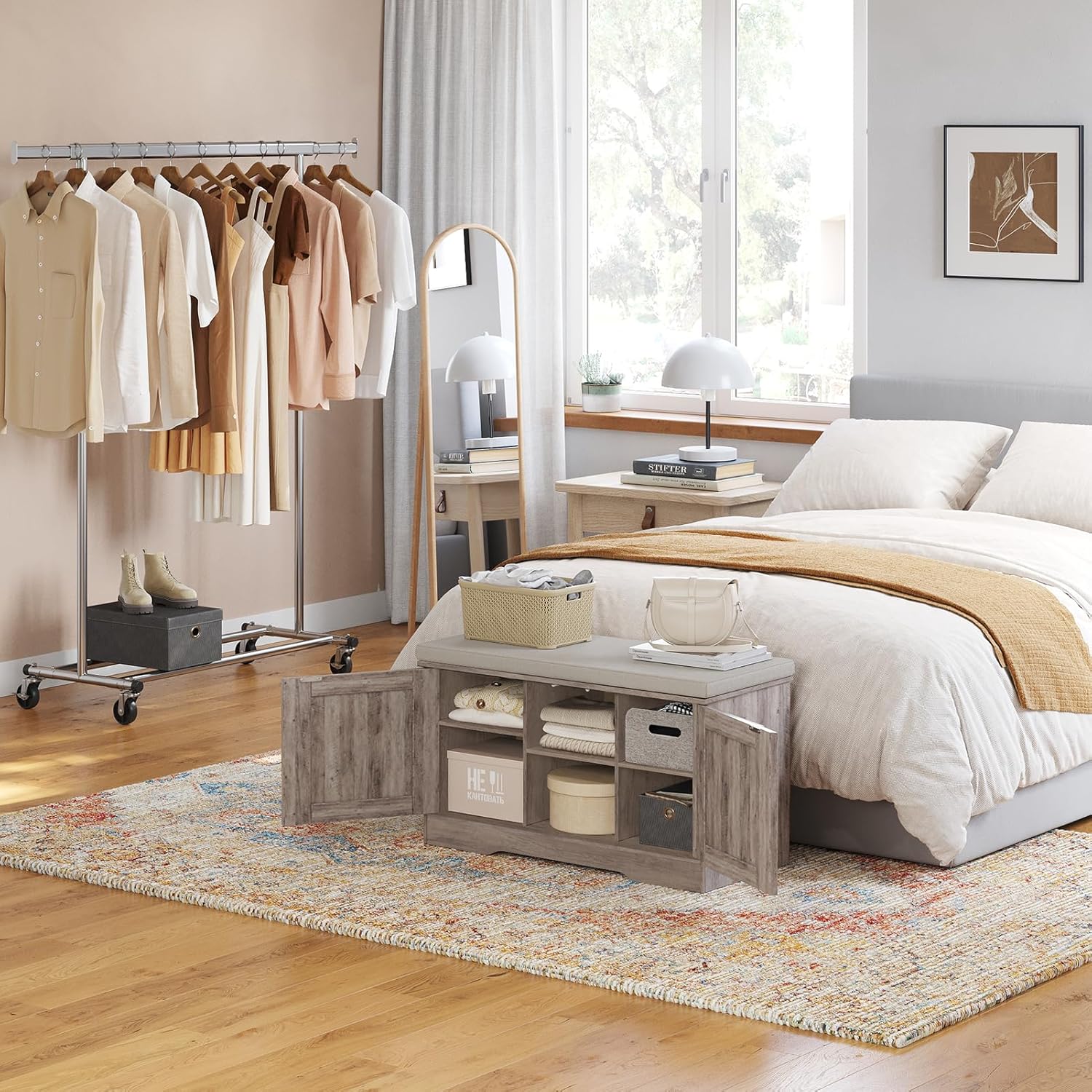 DINZI LVJ Shoe Bench, Entryway Storage Bench with Doors, Cushion, 2-Tier Shoe Rack with 6-Cubby, 31.5”L x 13.8”W Shoe Organizer Cabinet, Adjustable Shelf, Living Room, Bedroom, Greige Greige 31.5”l X 13.8”w X 17.7”h