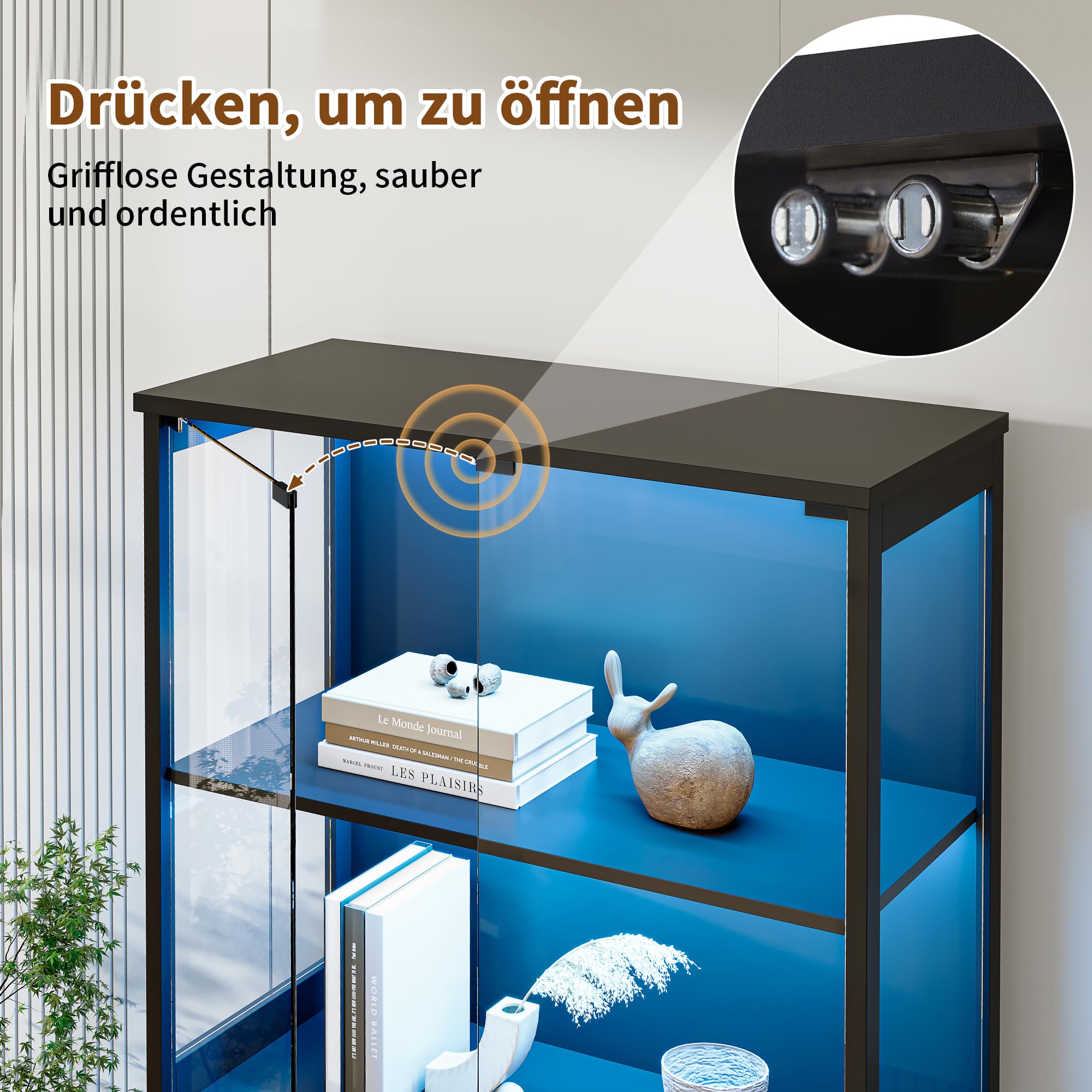 Glasvitrine mit LED Beleuchtung,Vitrinenschrank mit Menschlicher Sensor,165x80x35cm 4 Ebenen & 4 Glastüren Staubdicht Glasvitrine Stehend für Sammlervitrine und Wohnzimmer Büro, Schwarz
