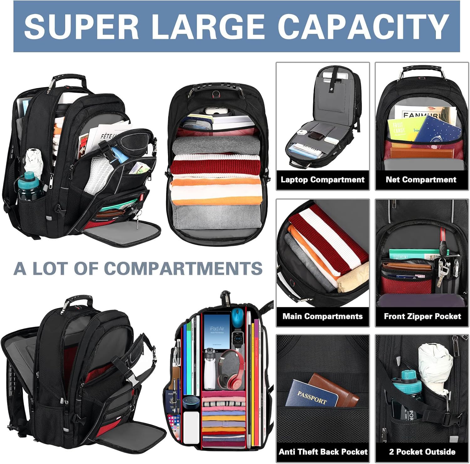 Zaino per computer portatile da 18,4 pollici, zaino da viaggio extra grande grande capacità borsa per computer resistente durevole scuola universitaria Bookbag, Rfid 18.4 Inch Grigio