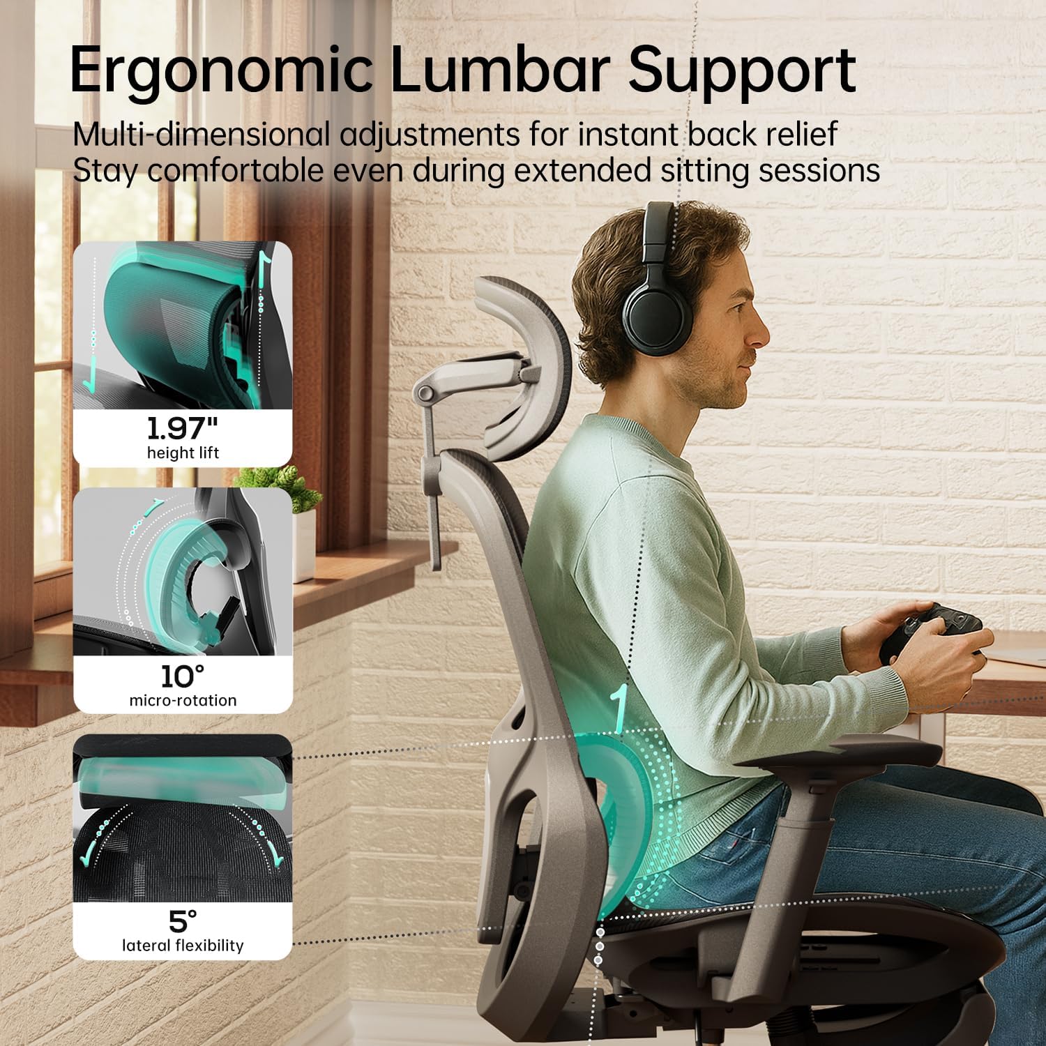 Close-up of the 3D adjustable lumbar support on the Hbada P2 chair