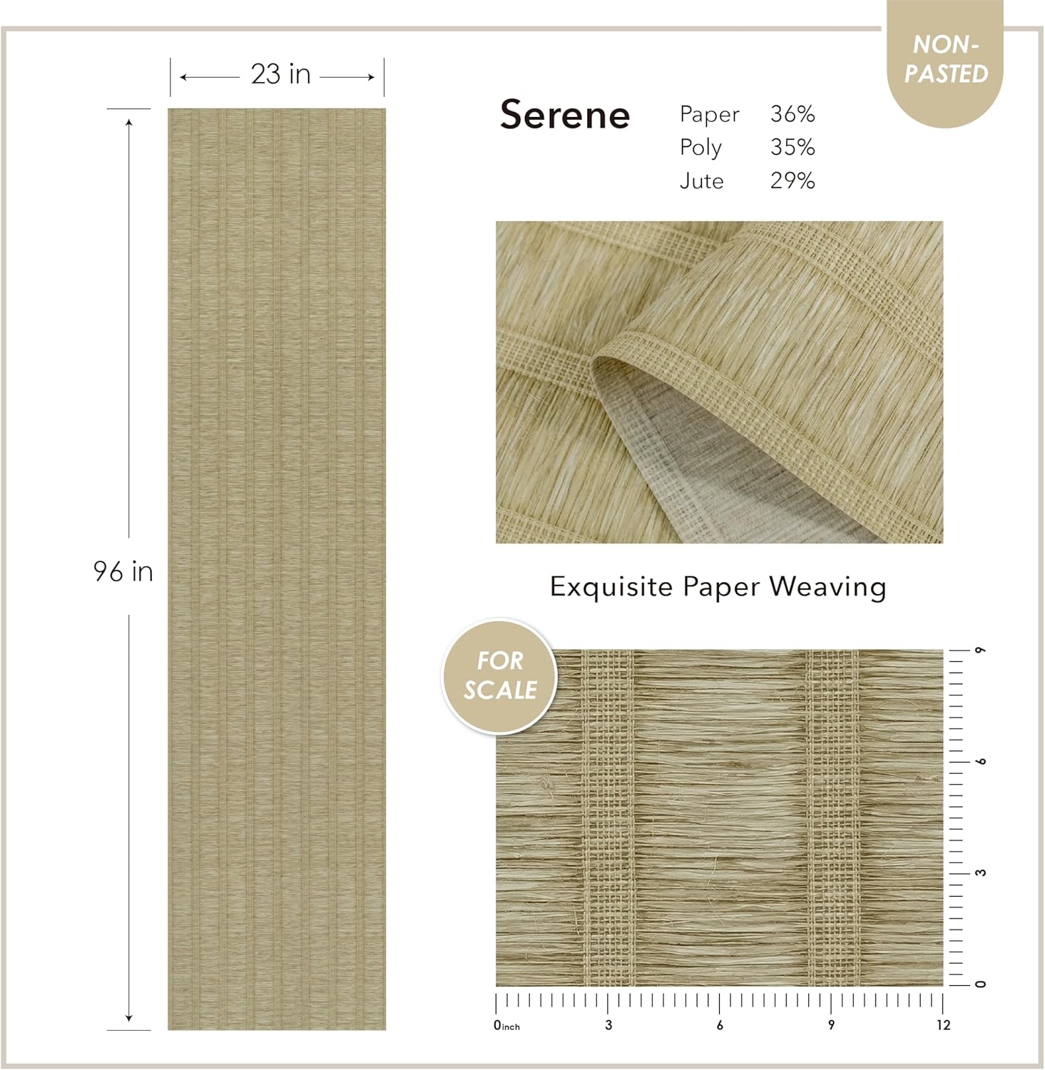 GoDear Design Beige Jute Blend Vintage Grasscloth Wallpaper, Boho Style Textured Wall Covering, Natural Woven Fabric for Living Room Bedroom, 23" W x 96" L, Non-Pasted, Serene