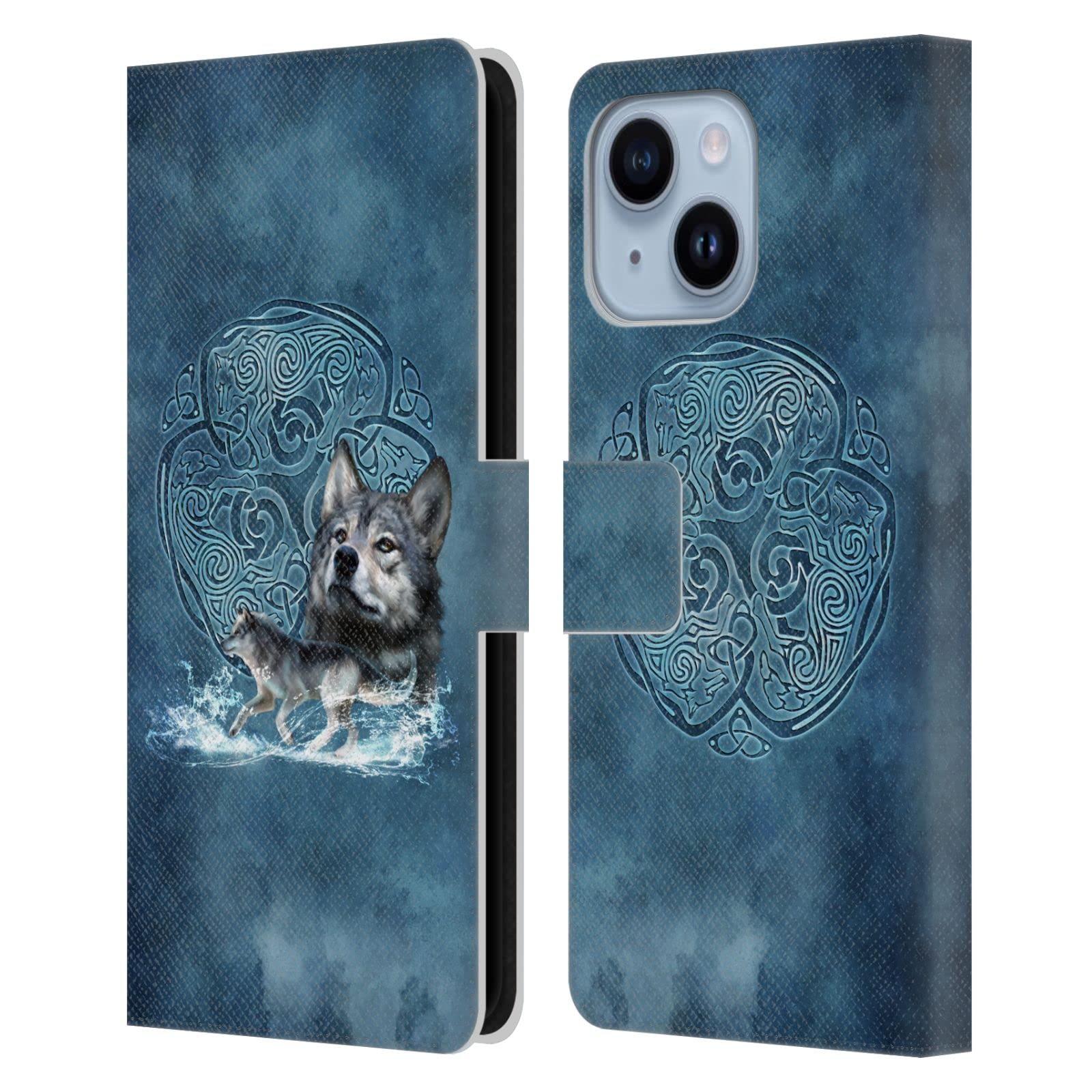 Étui cuir iPhone 14 Plus loup celtique pour éviter les rayures d'écran