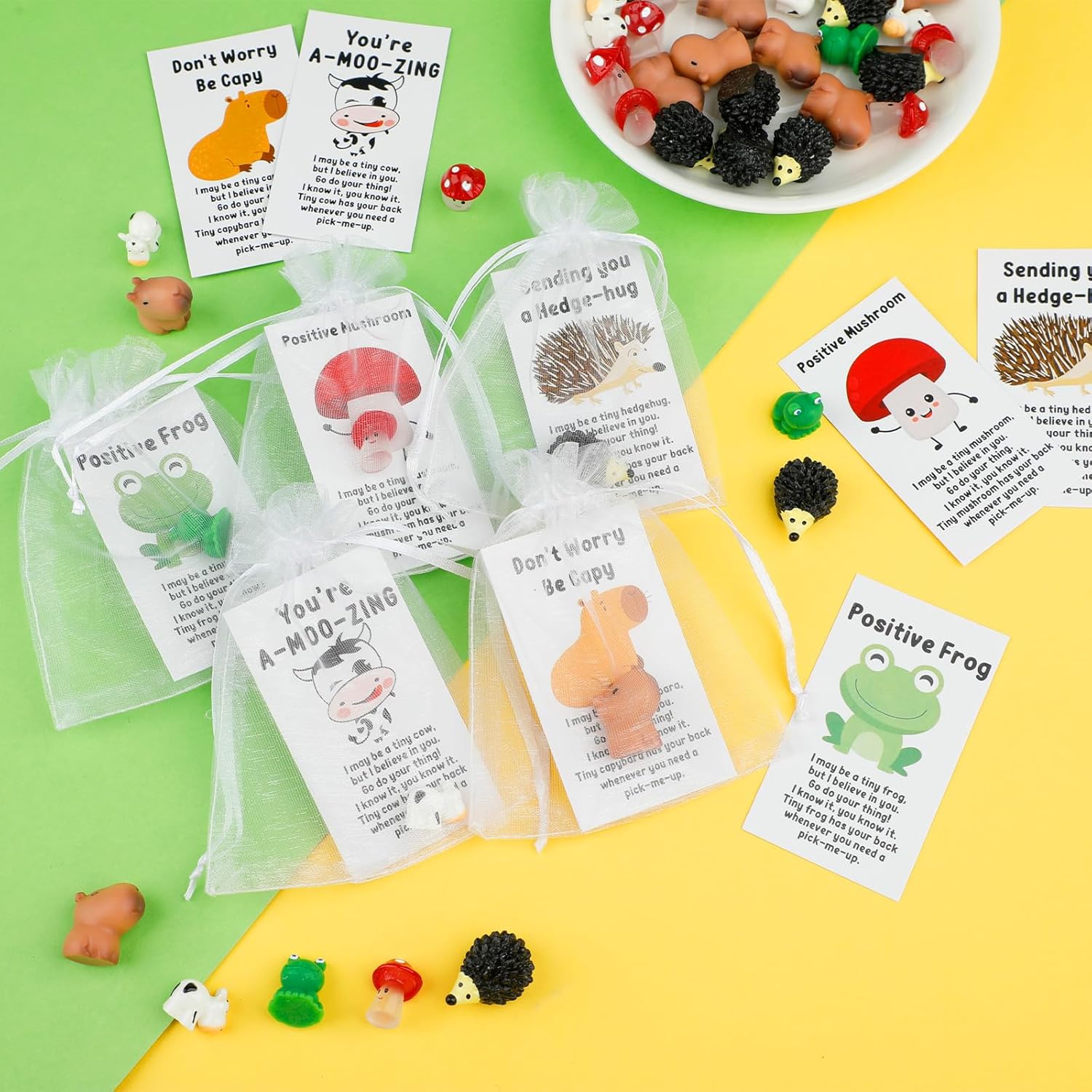 50 Sets Inspirational Positive Resin Gift with Positive Cards, Emotional Support Positive Appreciation Gifts with Mushroom Capybara Cow Frog Hedgehog for Teacher Nurse Employee