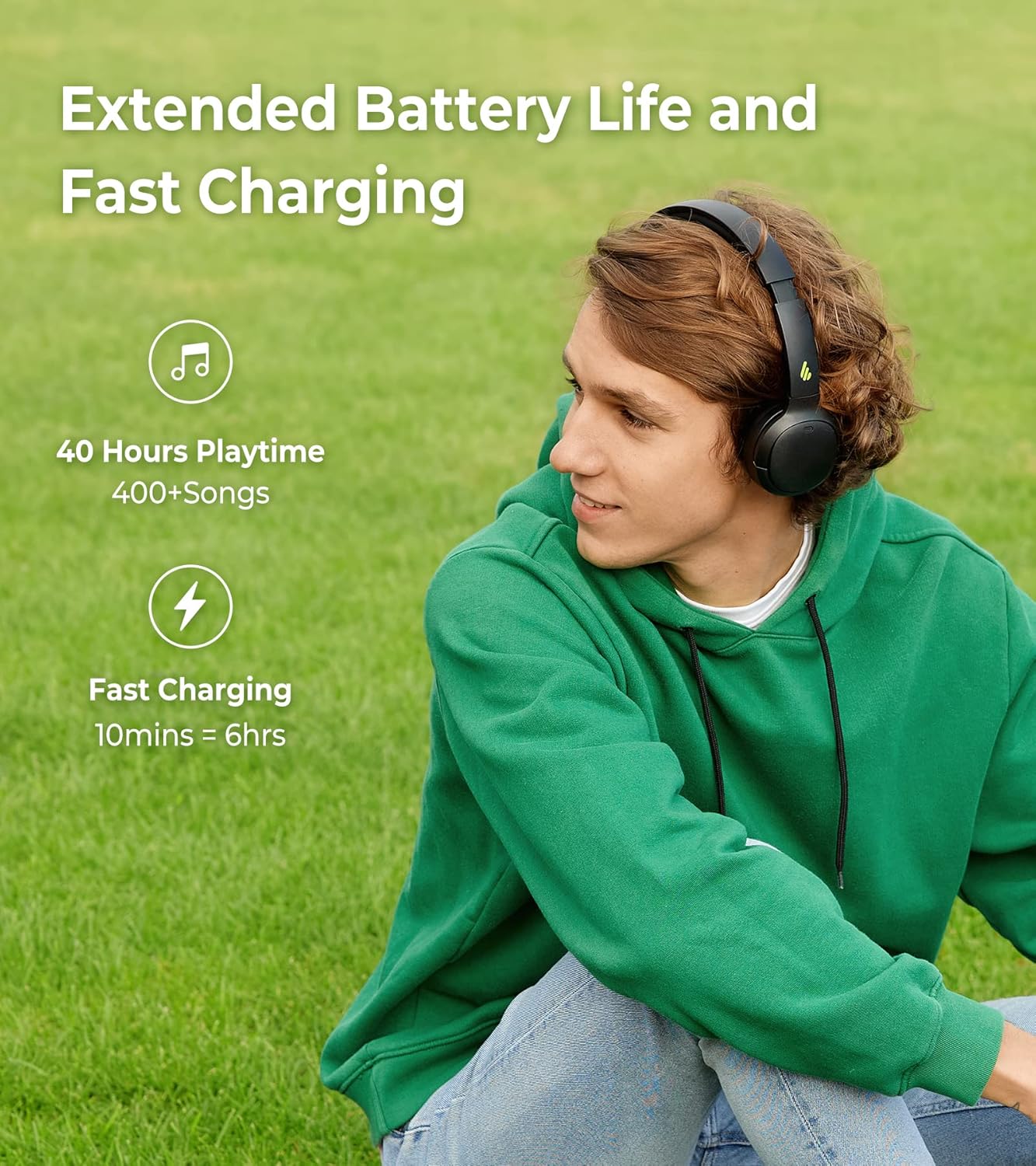 Image showing a person wearing Edifier WH500 headphones with icons indicating 40 hours playtime and 10 minutes fast charging for 6 hours.