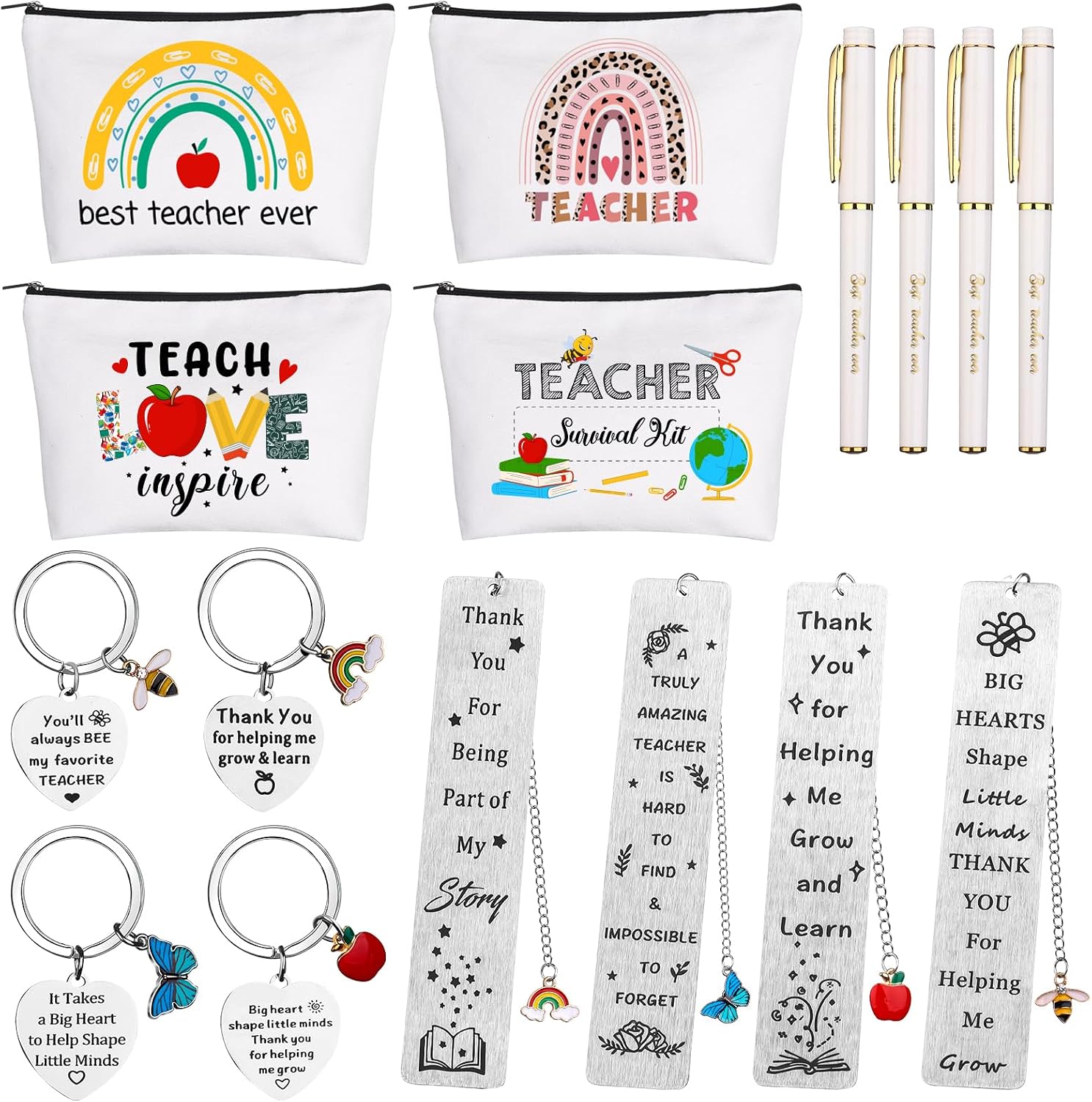 4 Set Thank You Teacher Gifts With Pencil Case with Zipper,Teachers Appreciation Week Keychain,Bookmark Gifts Best Teacher Ever Pen Appreciation Present(Lively Style)