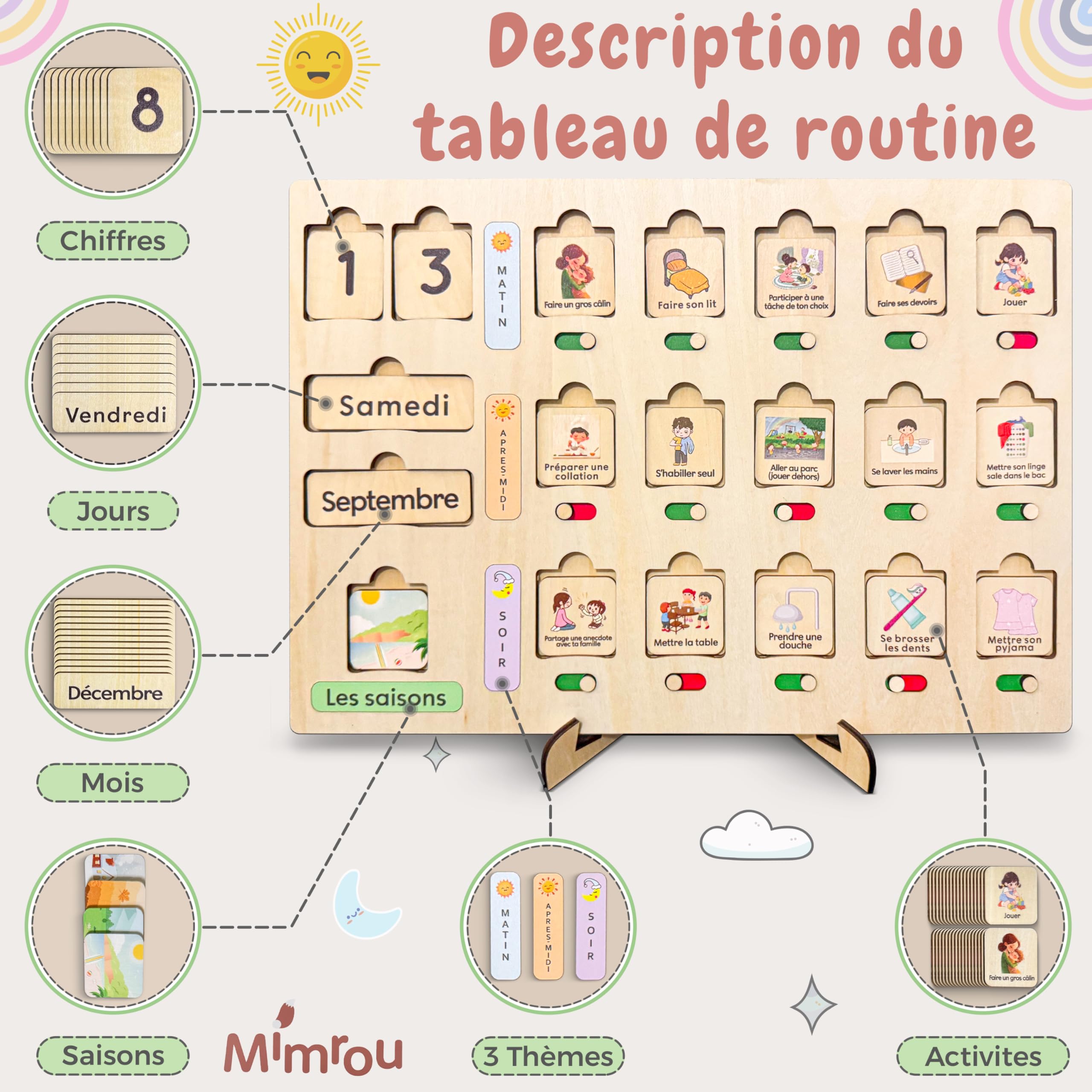 Planning Journalier pour Enfants Montessori +60 Étiquettes pour Les Routines Quotidiennes, Activités, Calendrier et Saisons, Apprentissage dès 3 Ans- Adapté TDAH/TSA