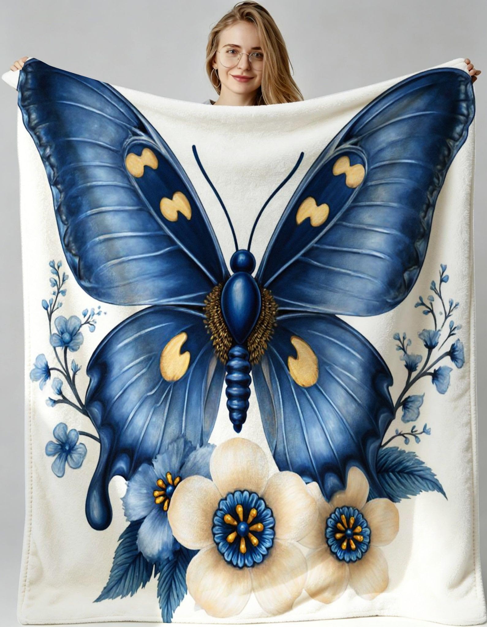 Couverture polaire papillon bleu fleurs grand format 240x260 lavable F256