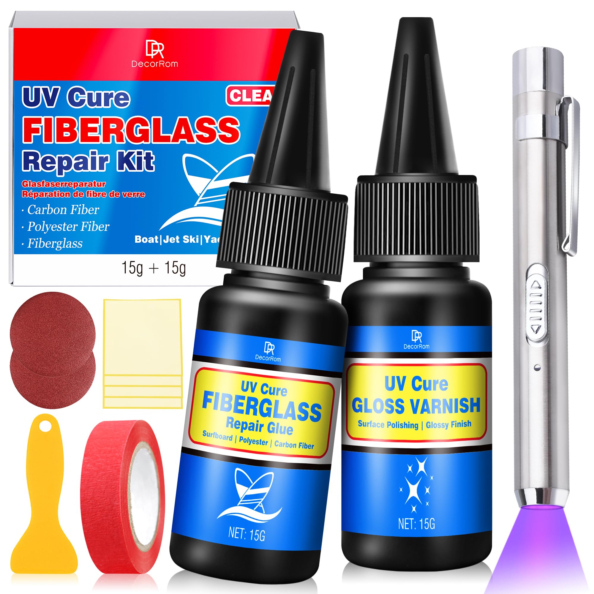 Kit de reparación de Tablas de Surf, Kit de reparación de Fibra de Vidrio Transparente con lámpara UV, Adecuado para Fibra de Carbono y Fibras de poliéster, para Reparar Grietas en Barcos, lanchas
