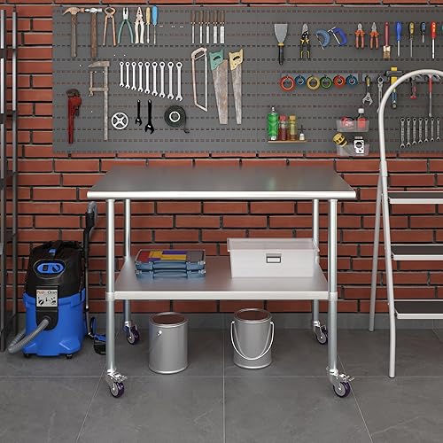 Miniatura 8 de AmGood Mesa de trabajo de acero inoxidable de 30 x 48 pulgadas con ruedas, mesa de metal resistente sobre ruedas, carrito de isla de cocina