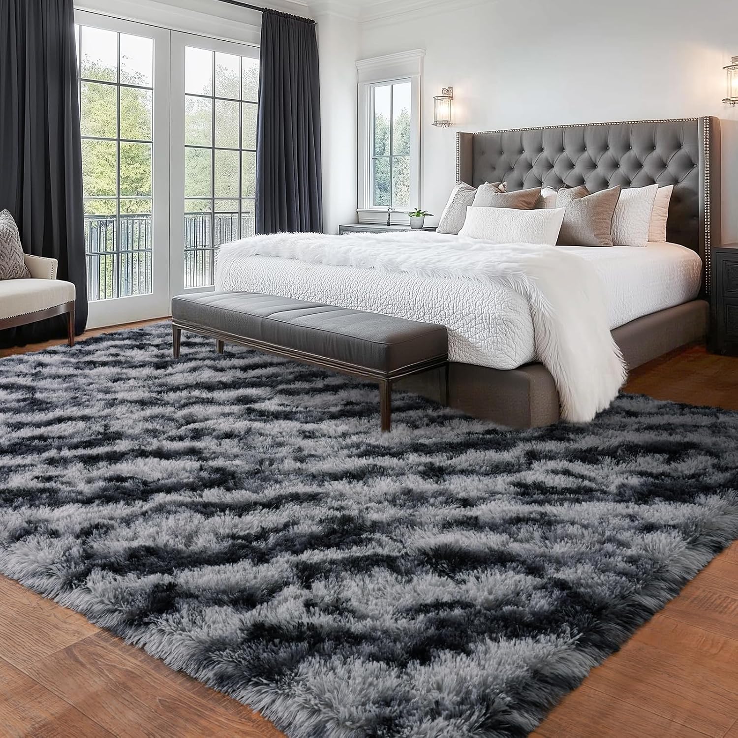 Shag Rugs 4x6 for Bedroom Living Room Dorm, Fluffy Shaggy Plush Area Rug Non-Slip Washable Floor Carpet for Bedside Playroom Nursery Girls Boys Room, Tie-Dyed Black Gray