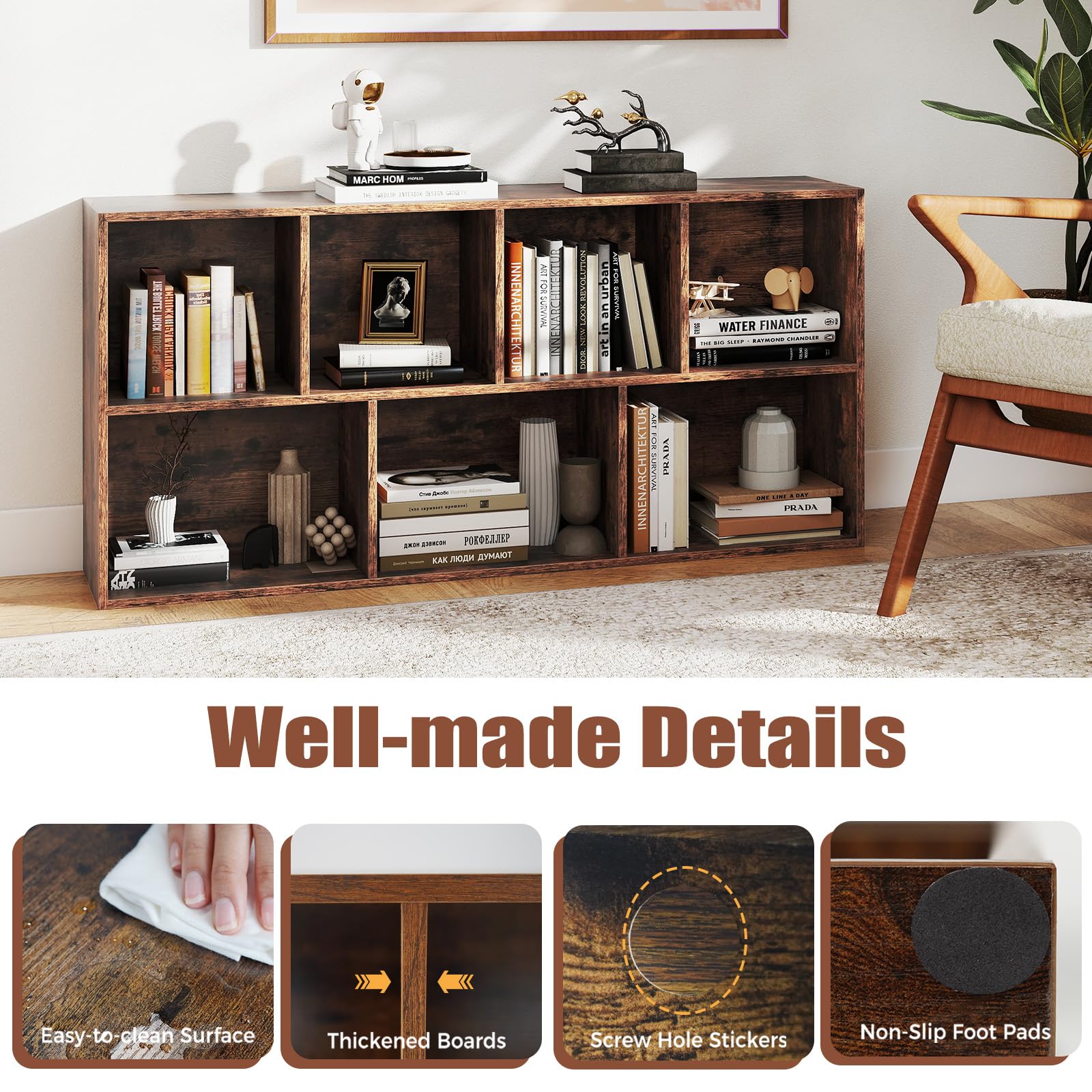 KOMFOTTEU Libreria Verticale con 8 Cubi, Mobile Contenitore in Legno, con 2 Dispositivi Antiribaltamento, Libreria Scaffale per Soggiorno, Camera da Letto, Ufficio, 49,5 x 23 x 106 cm (Marrone)
