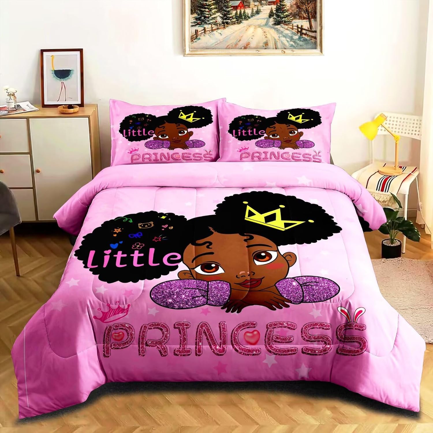 GRAT TIOC Cute Black Girl Comforter Set Twin,Black Girl Magic Bedding Set,African American Comforter Set,Afro Melanin Bed Set Princess Bedroom Decor