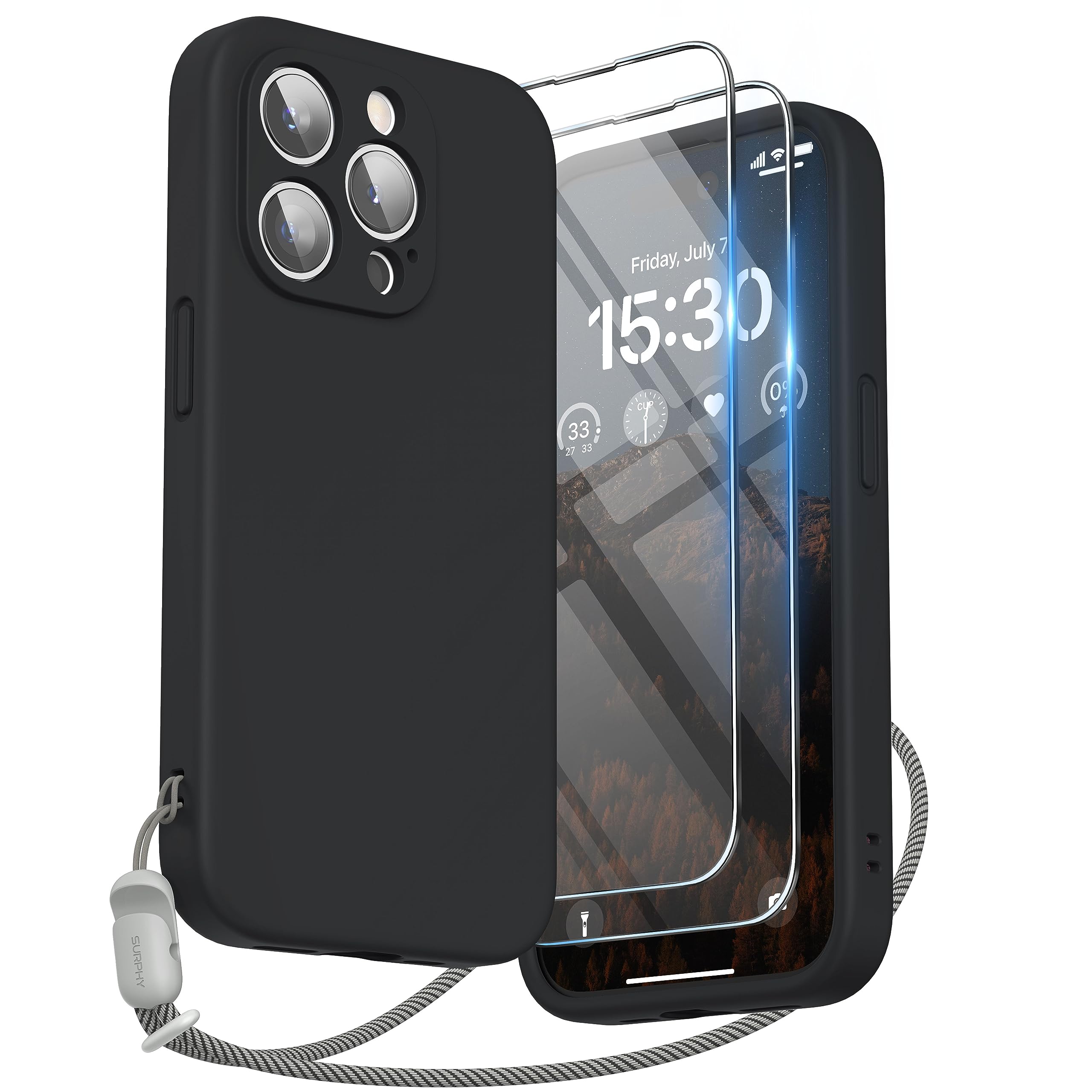SURPHY iPhone15 pro用ケース シリコン,フィルム付き ストラップ付き 6.1インチ対応(2023) 携帯ケース iPhone15プロ(カメラの全面保護) 耐衝撃 超軽量 指紋防止 全面保護 iPhone15 pro用ソフトカバー (ブラック)