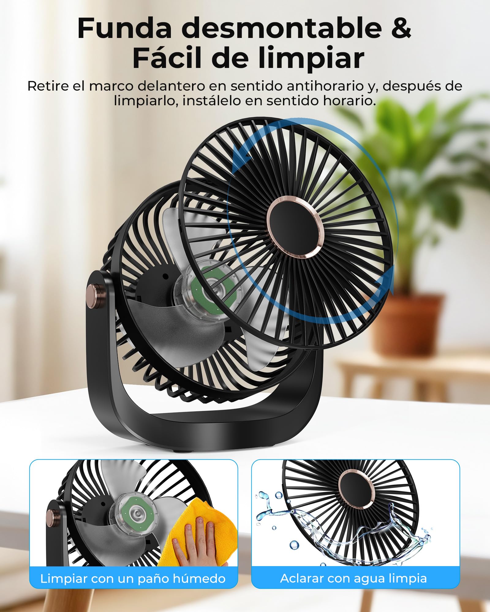 Ventilador de Mesa Portátil Silencioso con Luz Nocturna, Recargable USB 3000mAh, 5 Velocidades, Ajustable 360° para Oficina y Dormitorio y Constituir,Negro
