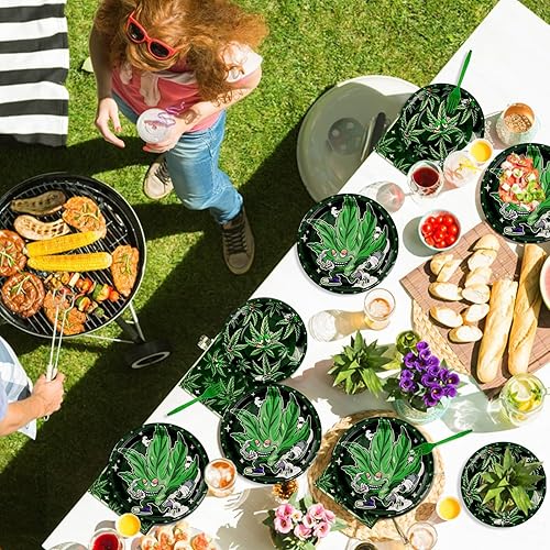 Miniatura 6 de 96 piezas de suministros para fiestas temáticas de hierba, platos de fiesta de malezas, servilletas, tenedores, vajilla de cumpleaños para hojas