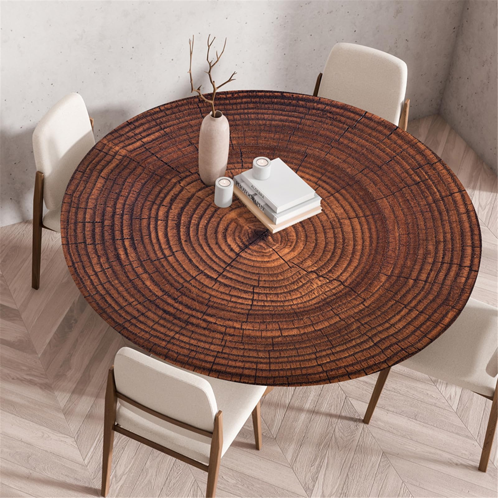Odot Elastic Edged Round Fitted Tablecloth Protector 3D Wood Print Wipeable Circle Tablecloth Indoor Outdoor Table Cover Wipe Clean for Tabletop Kitchen Dining Room Picnic (140cm,Tree)