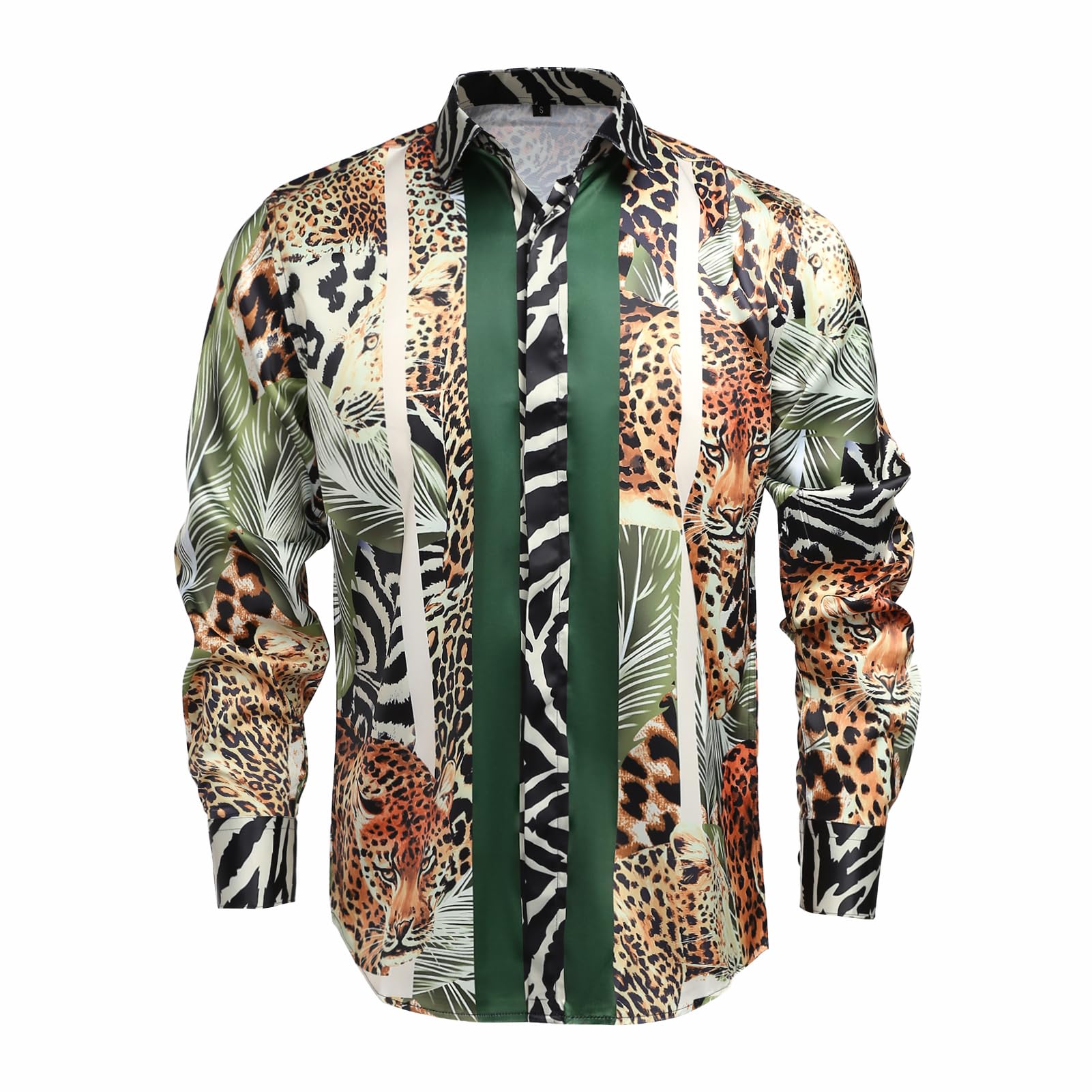 Mens Luxury Brand Printed Silk Like Satin Button Down Dress Shirt for Party Prom Long Sleeve Slim Fit Floral Nightclub Shirt