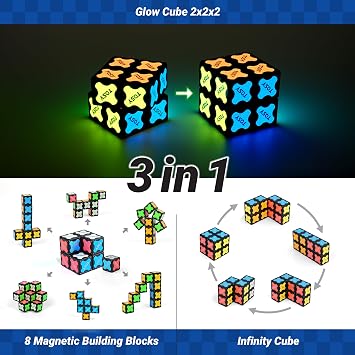 TOSY Magnet Cube 2x2 - 8 Blocks, 2 in 1 Toy: 2x2x2 Puzzle Cube and Customizable Infinity Cube, Glowing, UV Flashlight, Fidget/STEM/STEAM Magnet Tiles Birthday Gift for Kids/Teens/Adults, 2-Pack