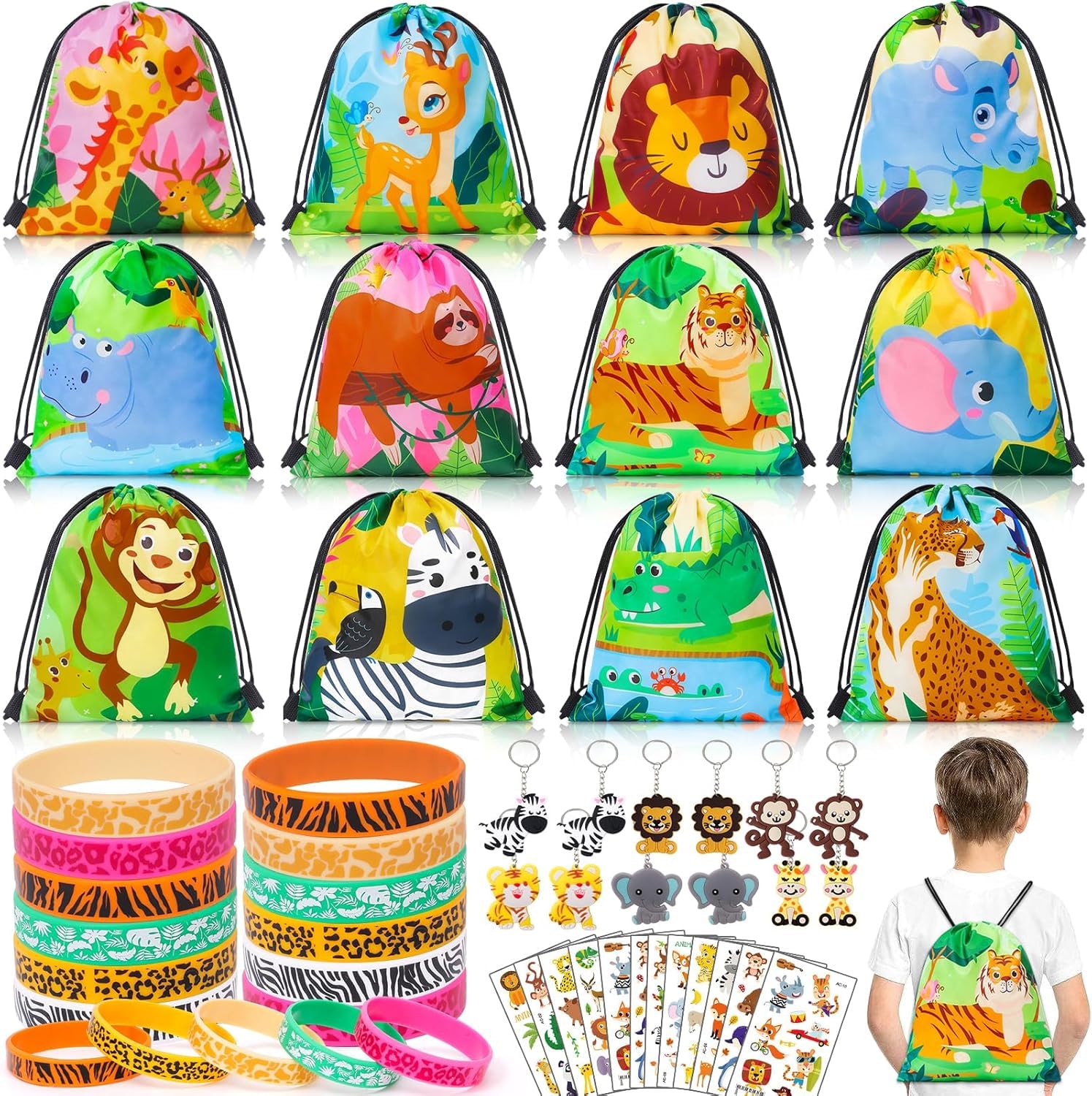 Cleboen 48 Pezzi Animal Gadget Compleanno Festa Animal Borse Coulisse Braccialetti in Silicone Portachiavi Tatuaggi Adesivi per Bambino Giungla Party Bomboniere Regalo
