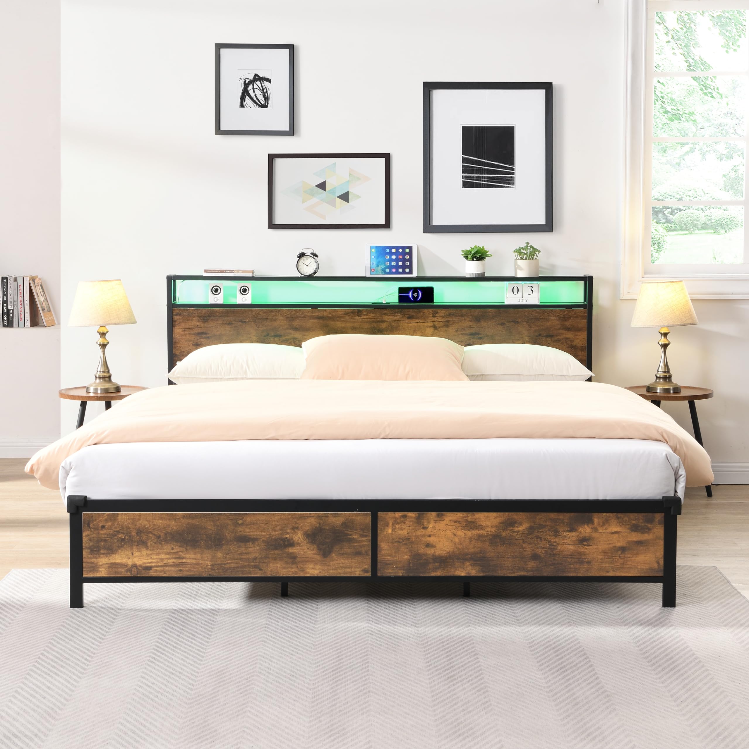 AnoYishev King Size Modern Industrial Bed Frame with LED Lights, 2 USB Ports, 2-Tier Storage, Noise Free, No Box Spring Needed
