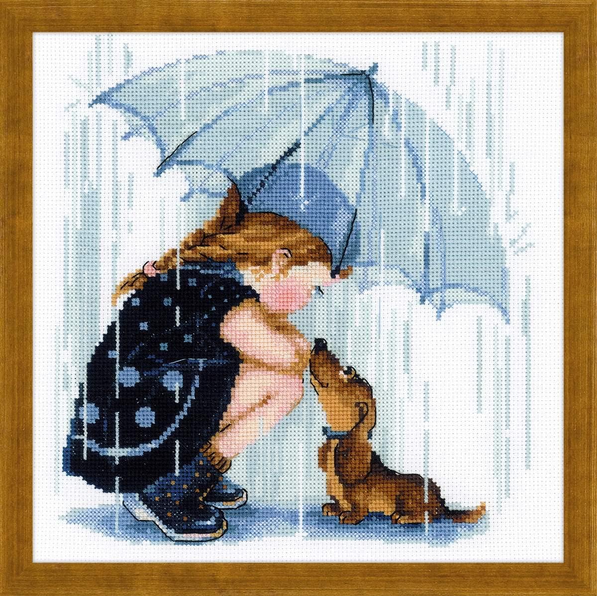RIOLIS Under My Umbrella, Counted Cross Stitch Kit, 9.75 x 9.75, Zweigart 14ct. white AIDA, 18 colors